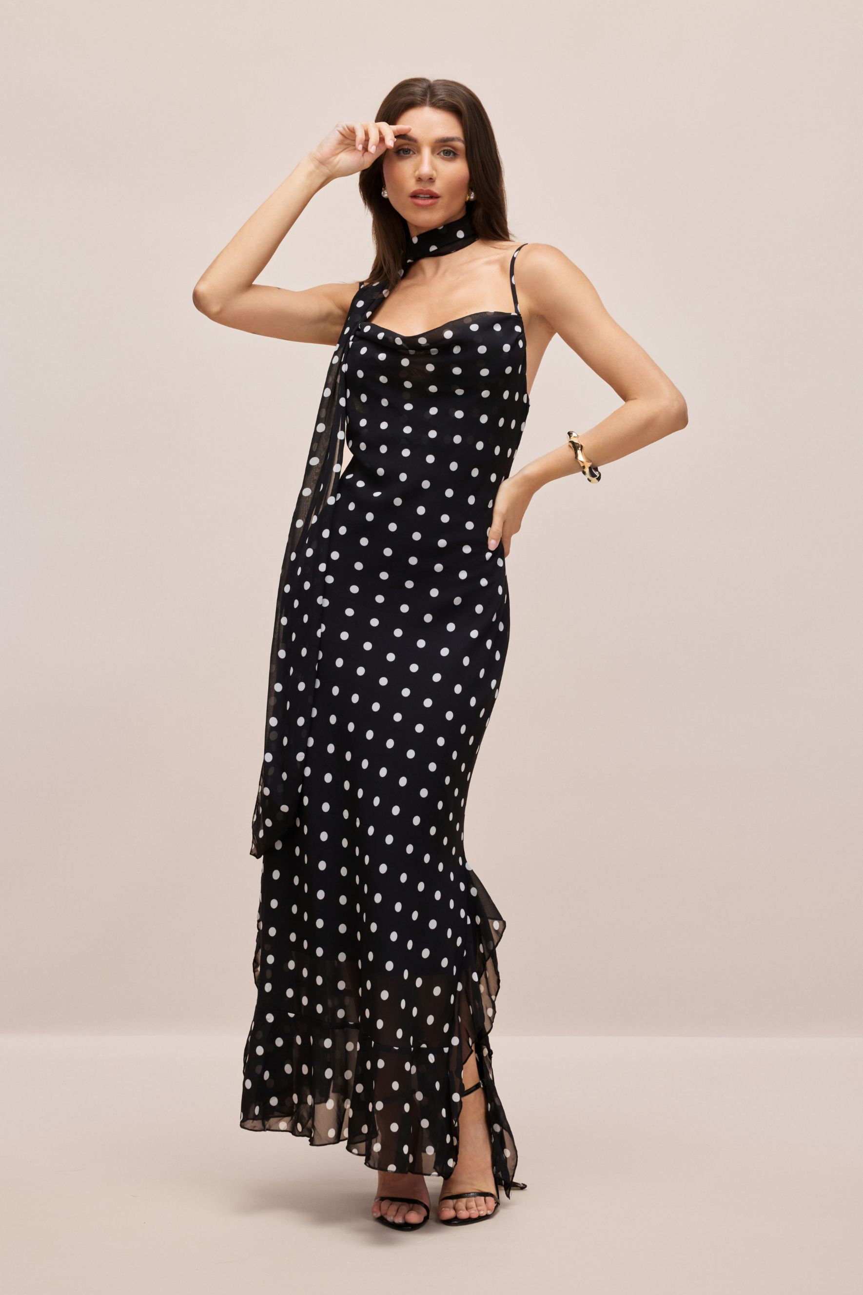 Veronica Polka Dot Ruffle Trim Maxi Dress with Scarf-purelyfable