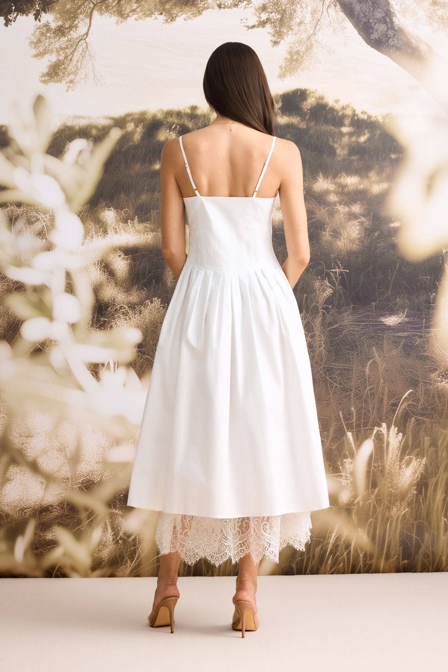 Tasha Lace Trim Spaghetti Strap Midi Dress-purelyfable