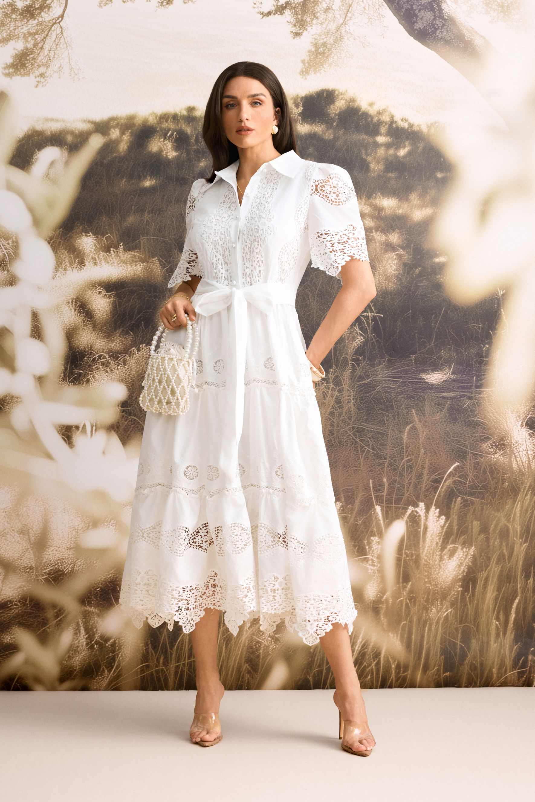 Ella Short Sleeve Embroidered Lace Midi Dress-purelyfable