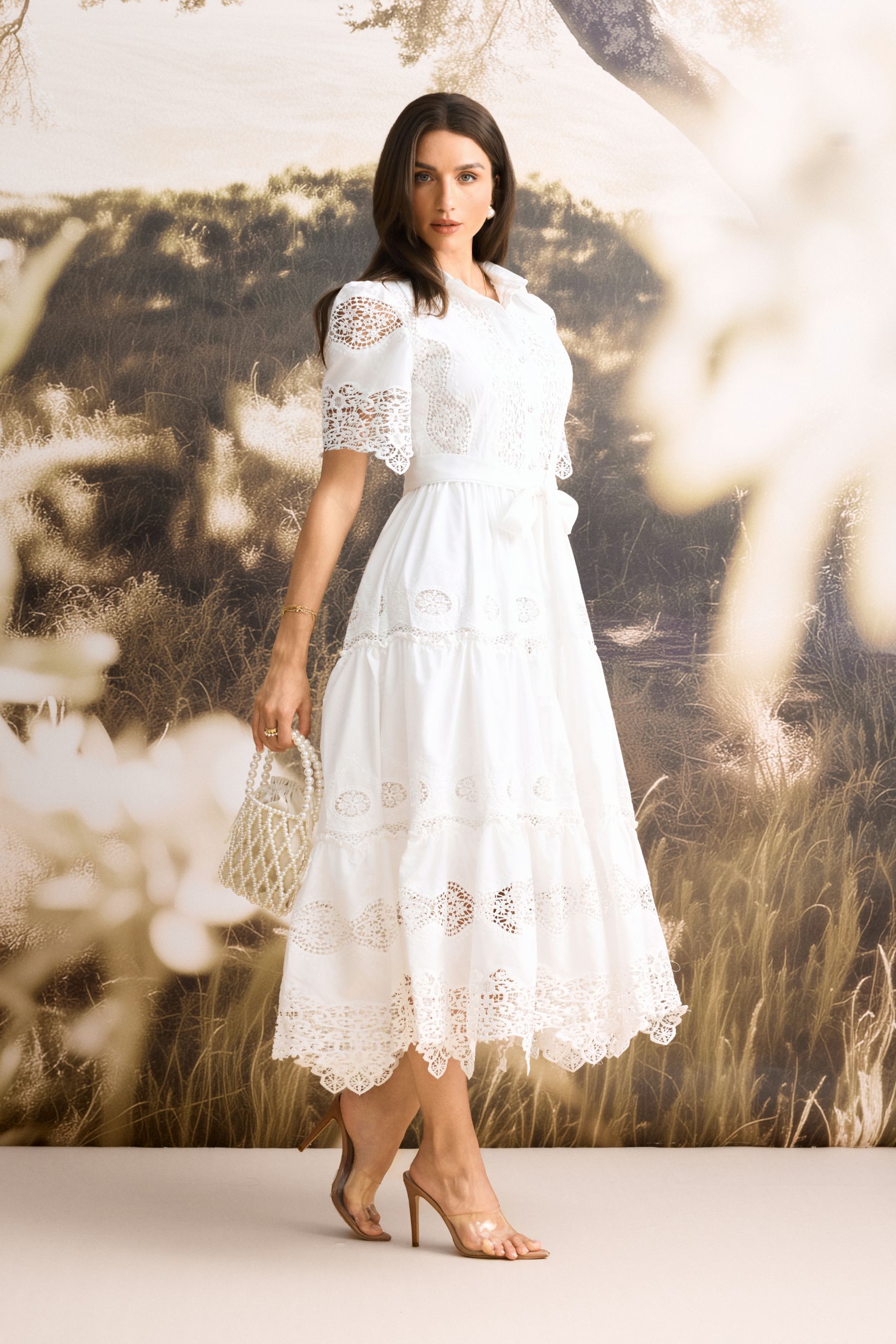 Ella Short Sleeve Embroidered Lace Midi Dress-purelyfable