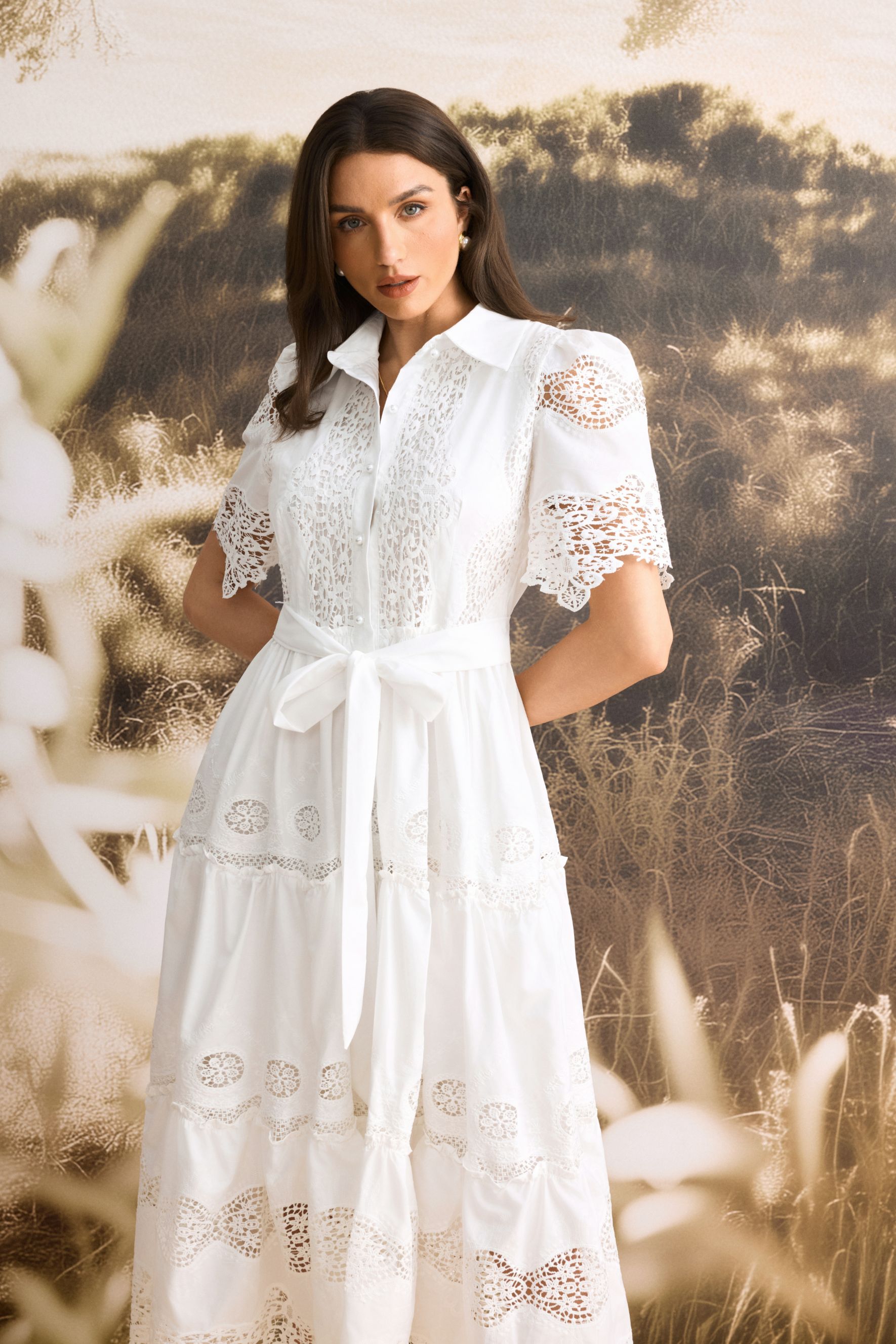 Ella Short Sleeve Embroidered Lace Midi Dress-purelyfable