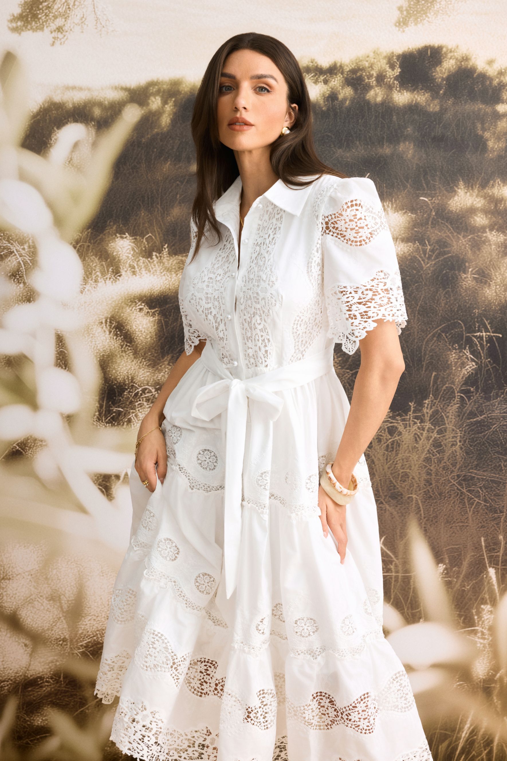 Ella Short Sleeve Embroidered Lace Midi Dress-purelyfable