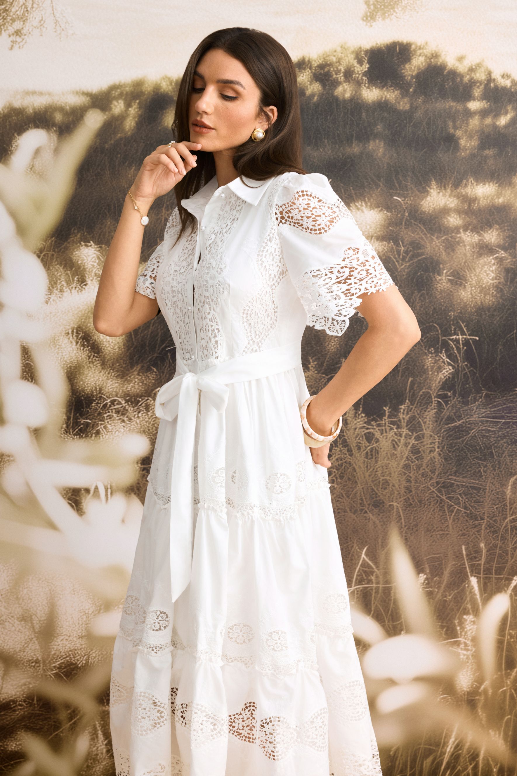 Ella Short Sleeve Embroidered Lace Midi Dress-purelyfable