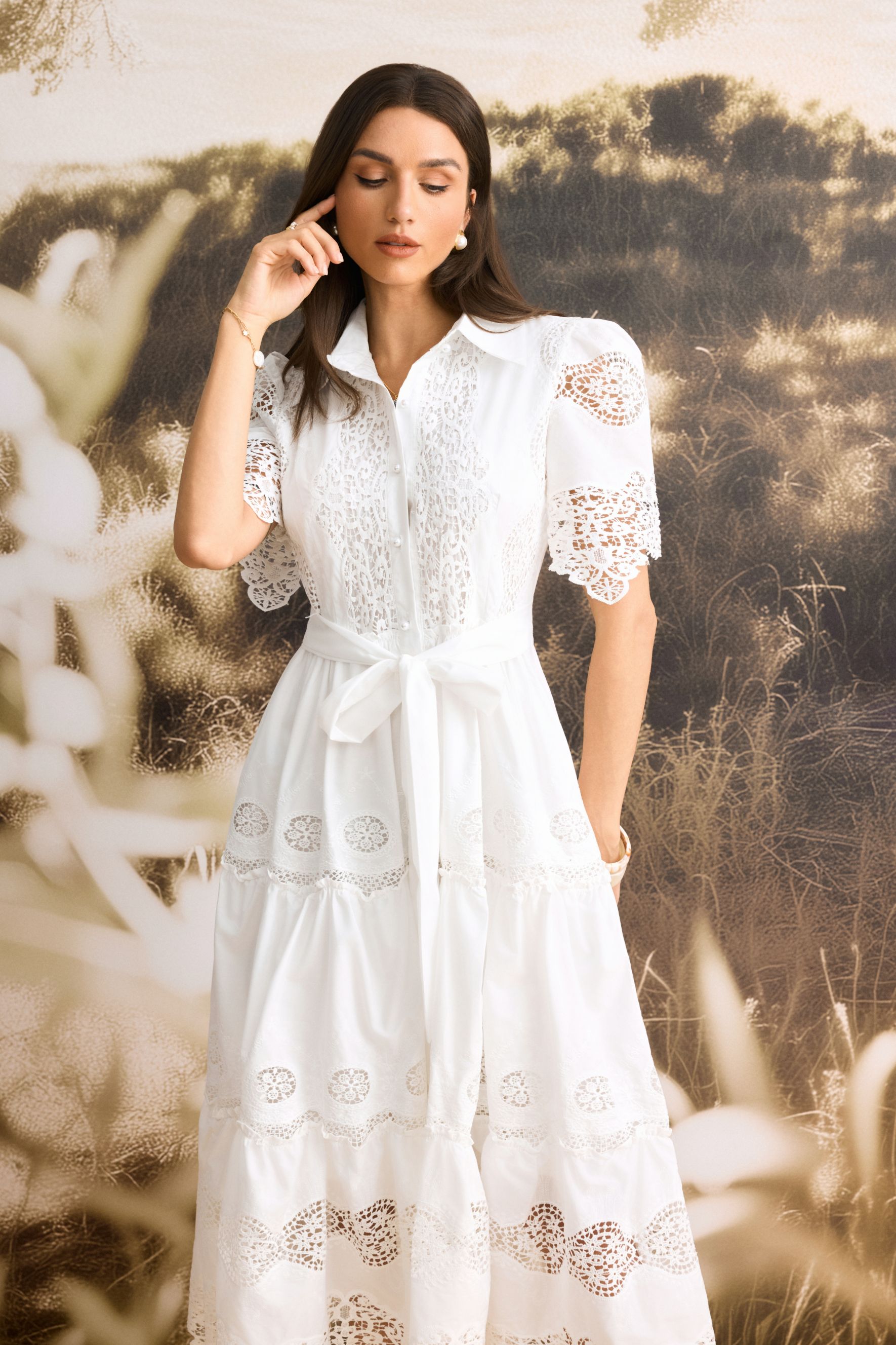 Ella Short Sleeve Embroidered Lace Midi Dress-purelyfable