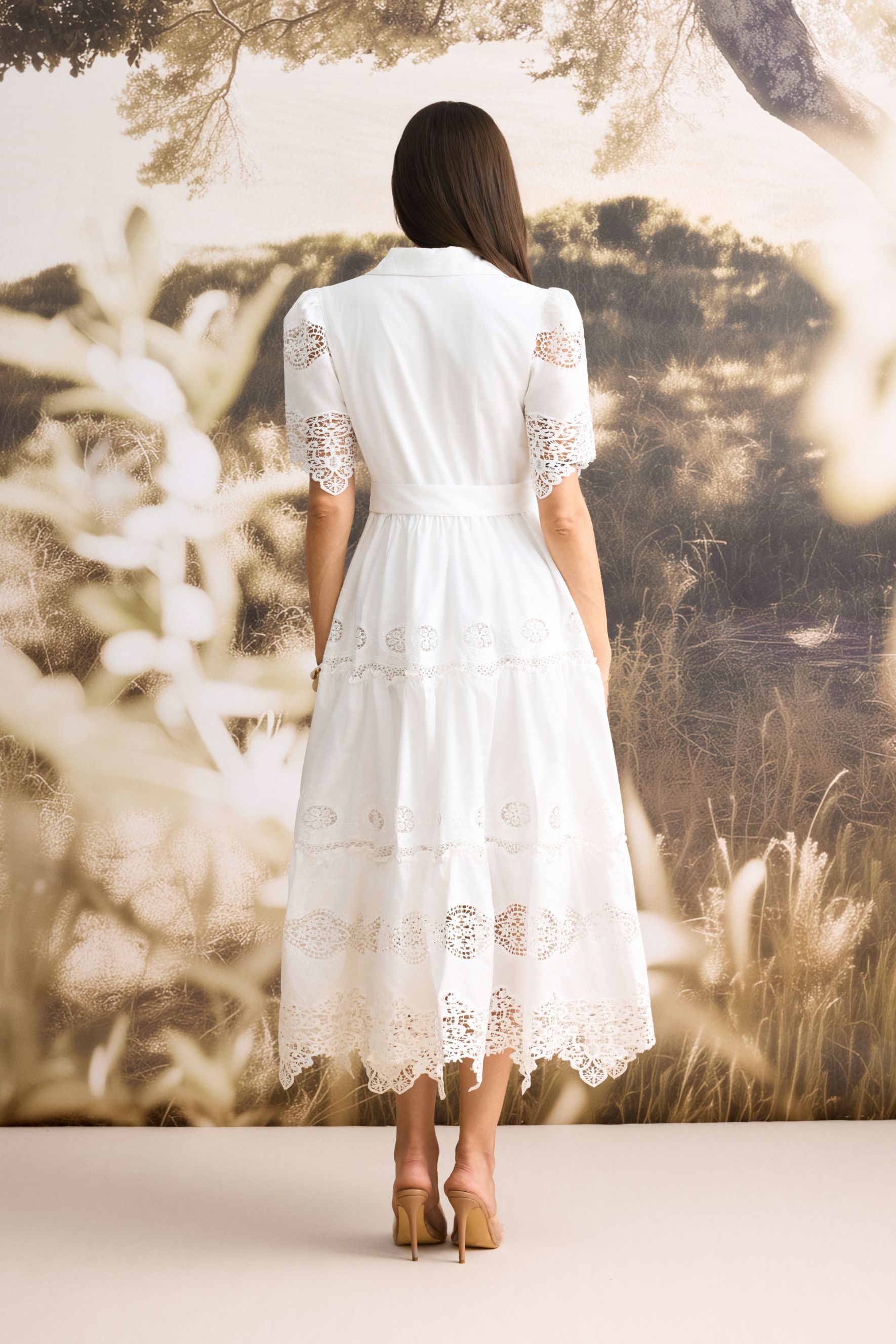 Ella Short Sleeve Embroidered Lace Midi Dress-purelyfable