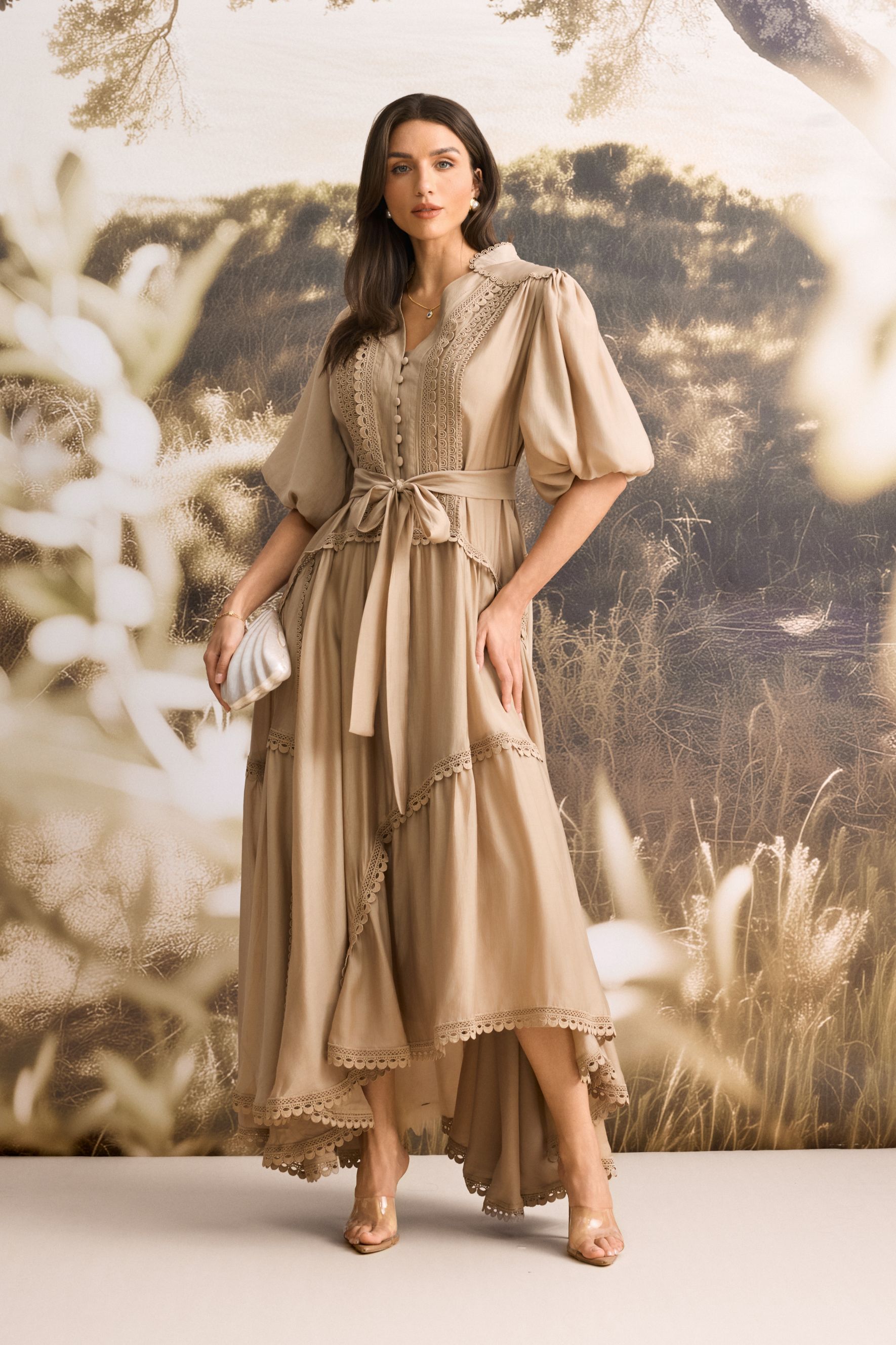 Penelope Lace Trim Puff Sleeve Maxi Dress-purelyfable