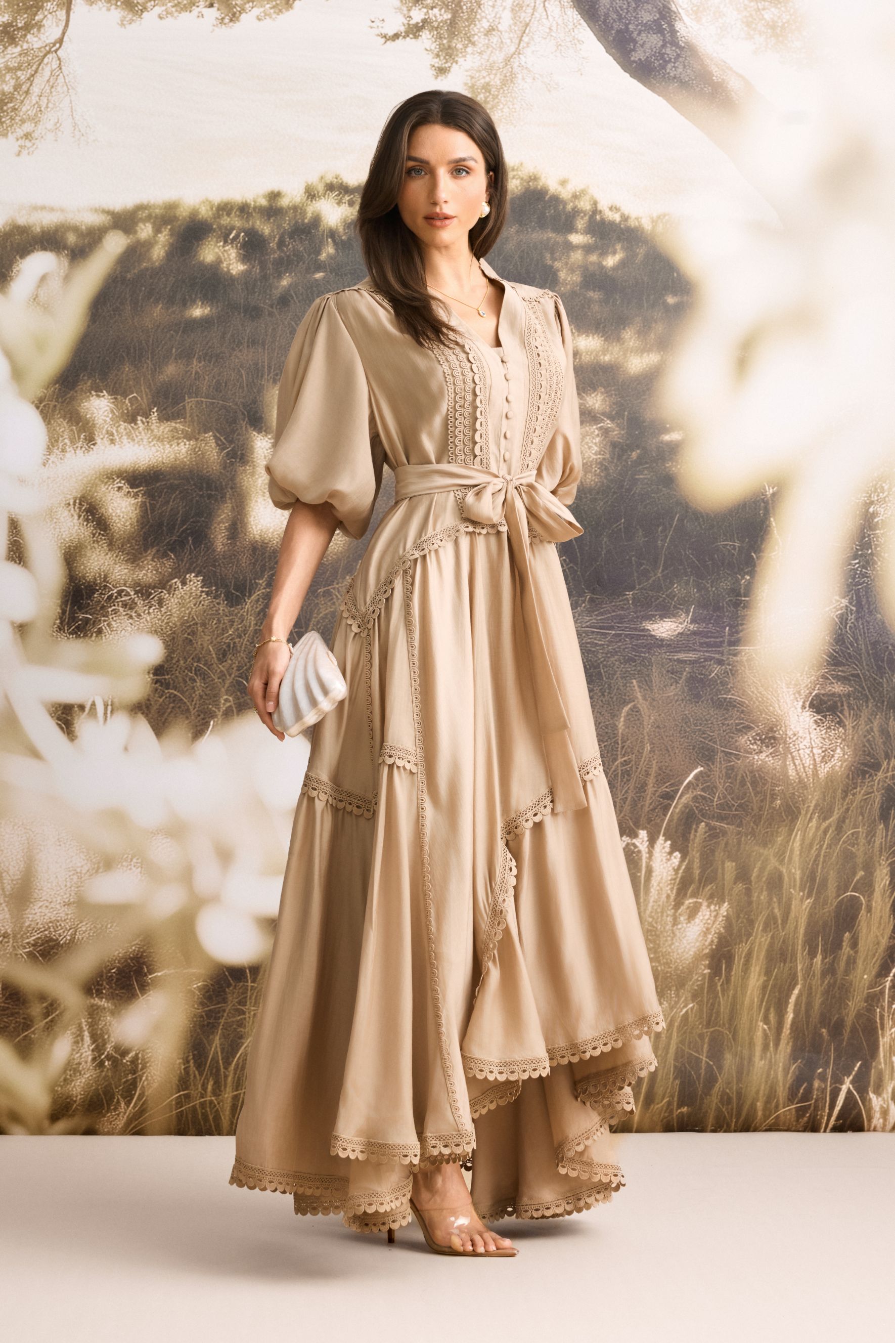 Penelope Lace Trim Puff Sleeve Maxi Dress-purelyfable