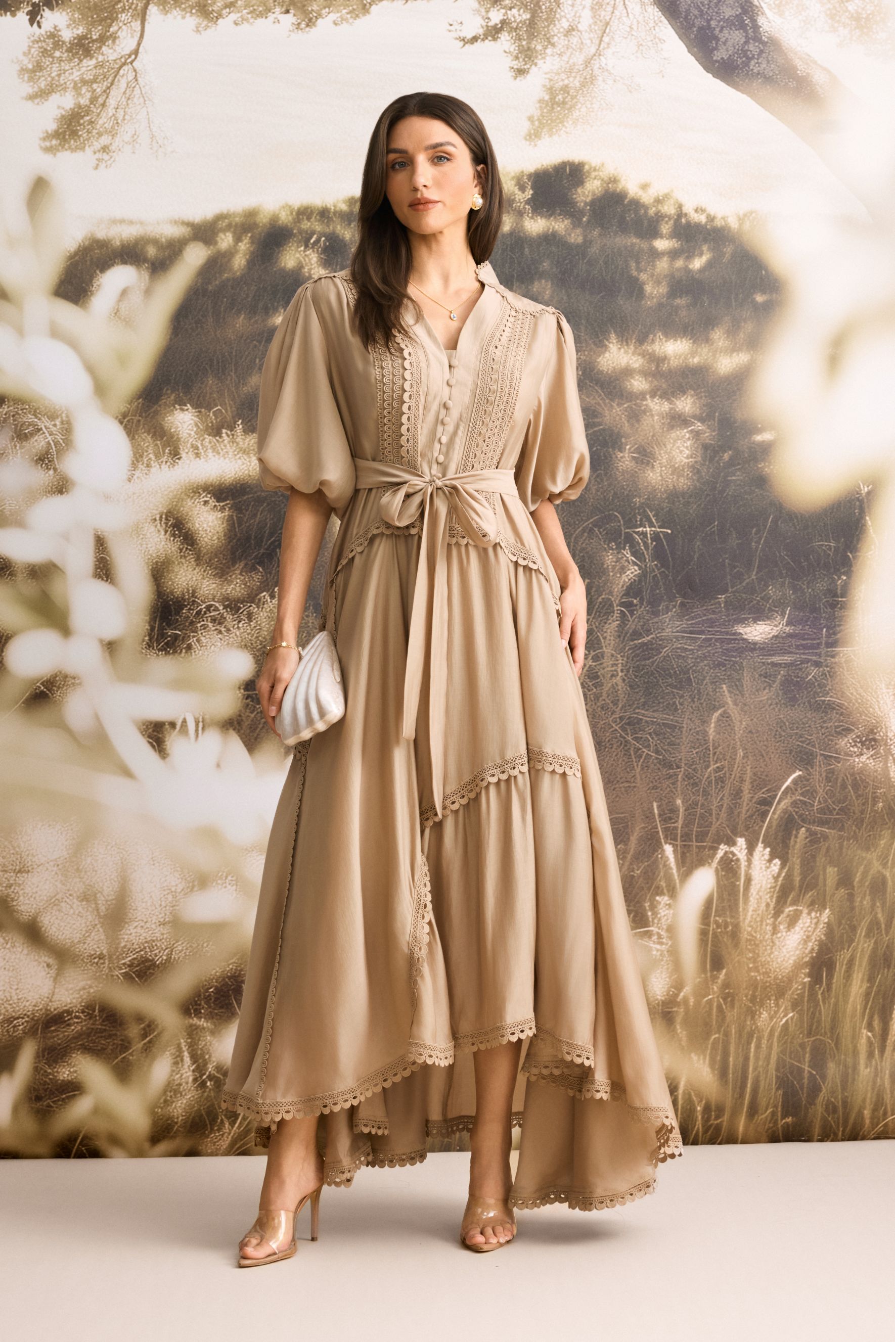 Penelope Lace Trim Puff Sleeve Maxi Dress-purelyfable