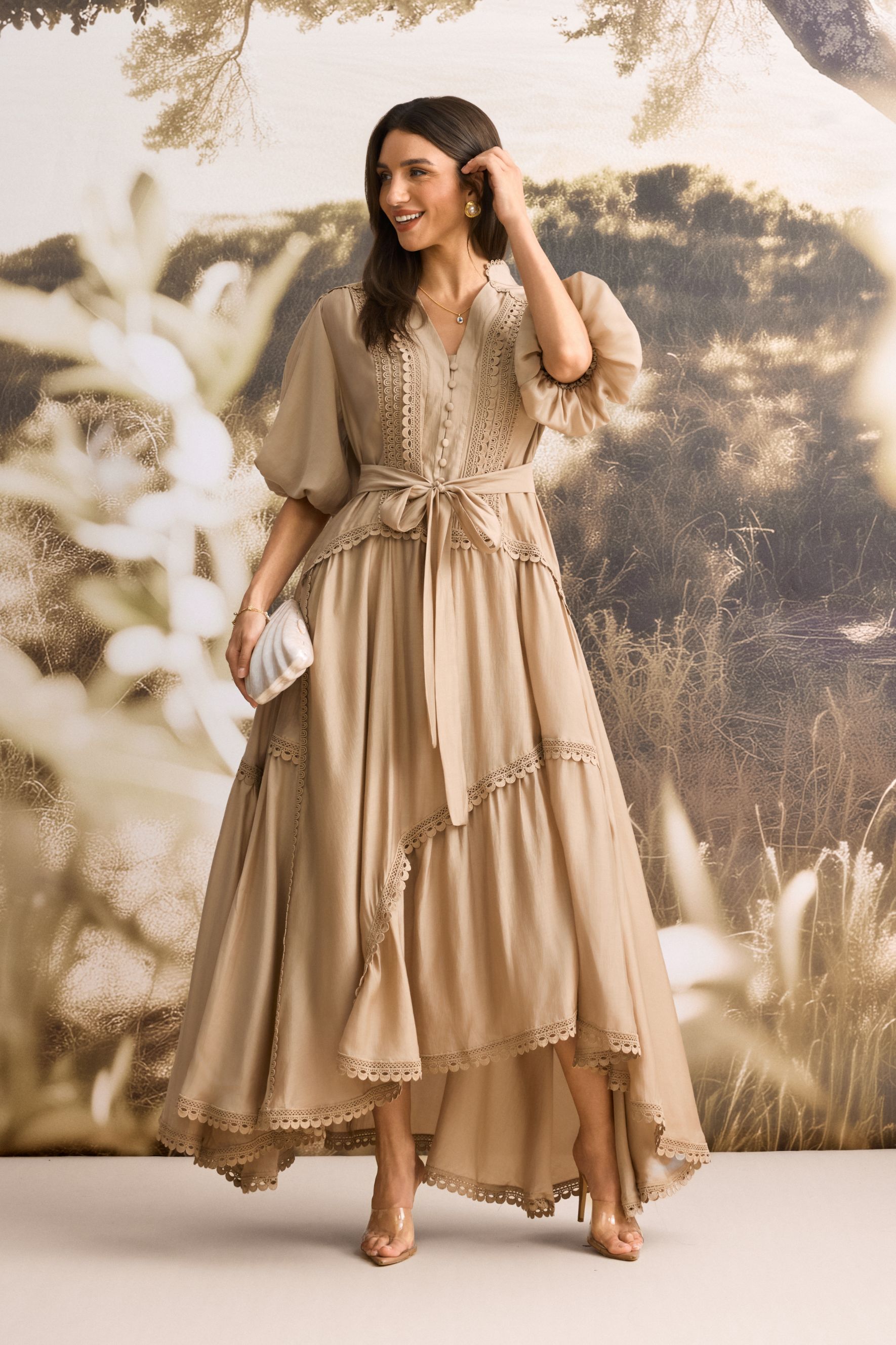 Penelope Lace Trim Puff Sleeve Maxi Dress-purelyfable