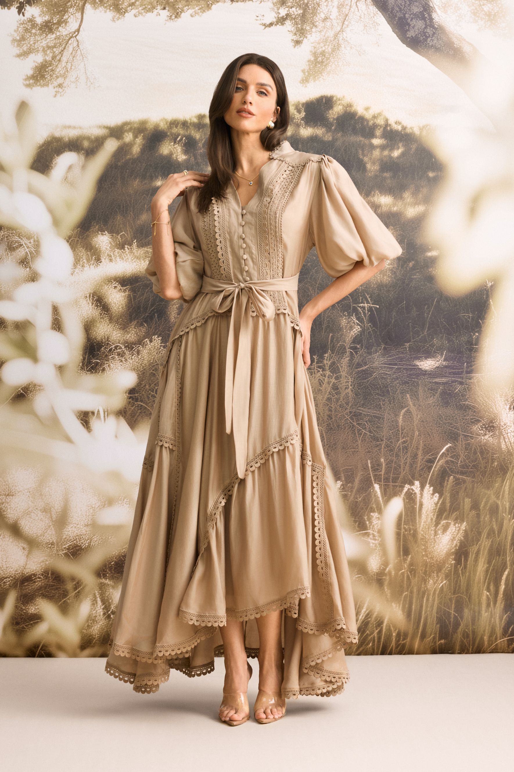 Penelope Lace Trim Puff Sleeve Maxi Dress-purelyfable