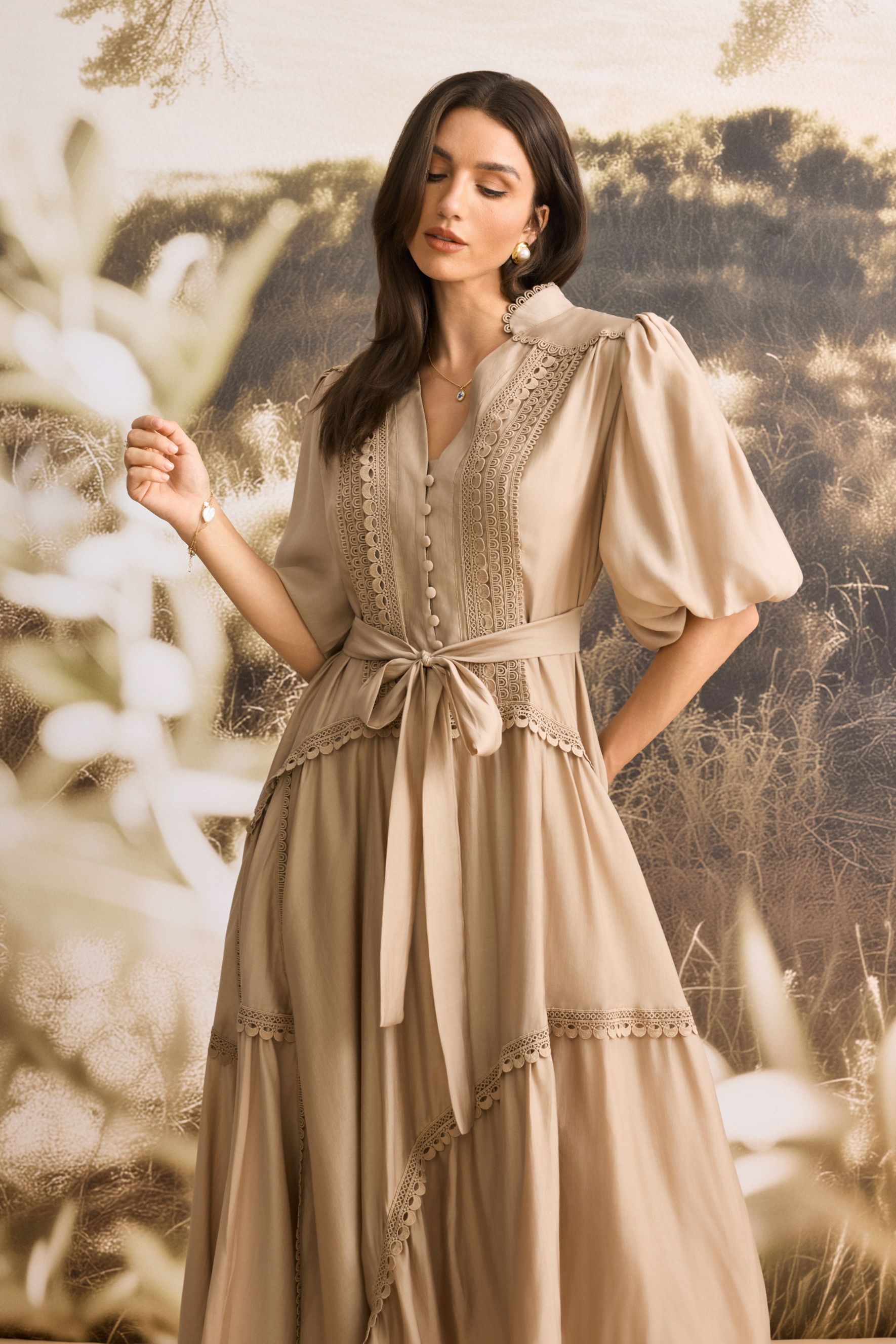 Penelope Lace Trim Puff Sleeve Maxi Dress-purelyfable