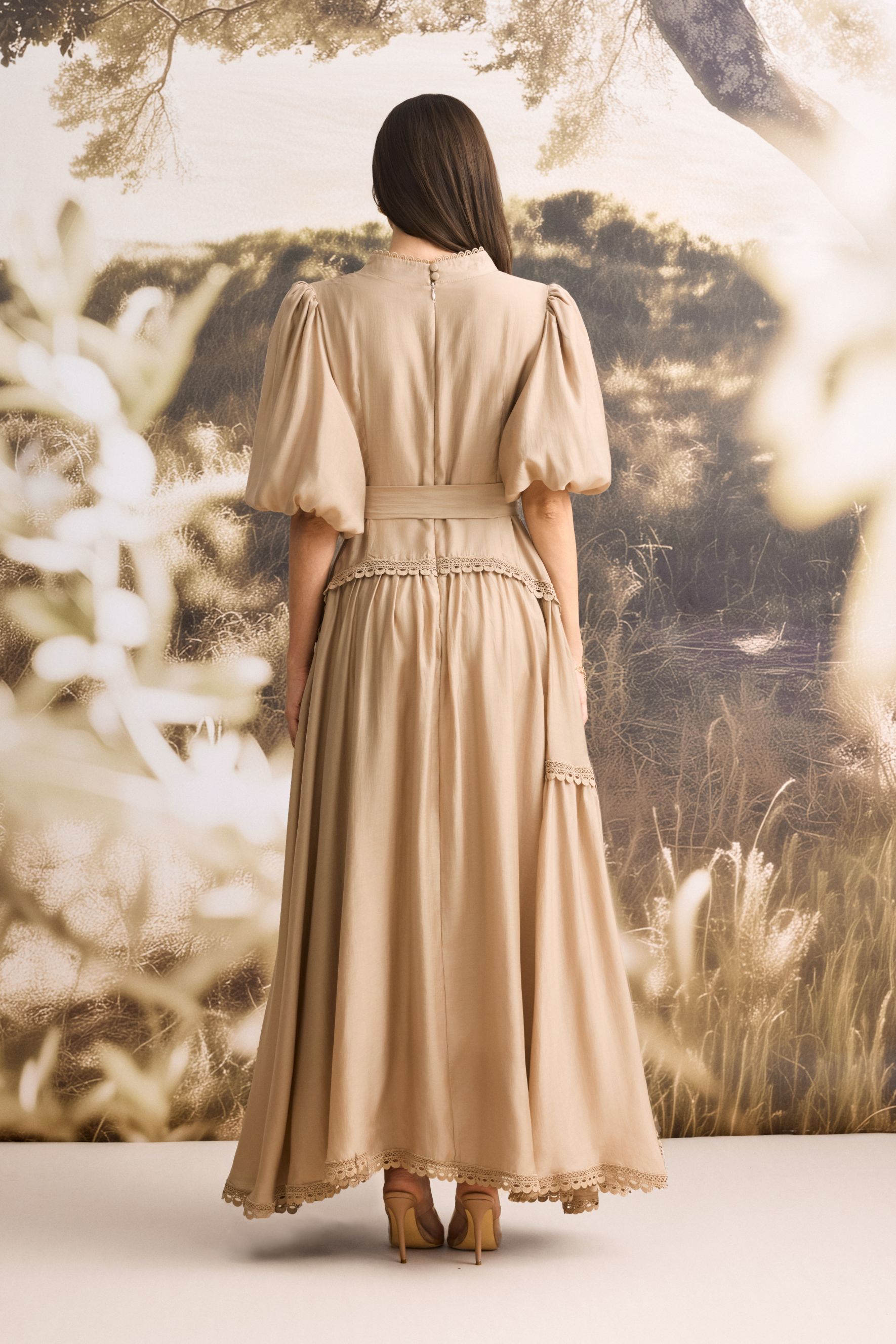 Penelope Lace Trim Puff Sleeve Maxi Dress-purelyfable
