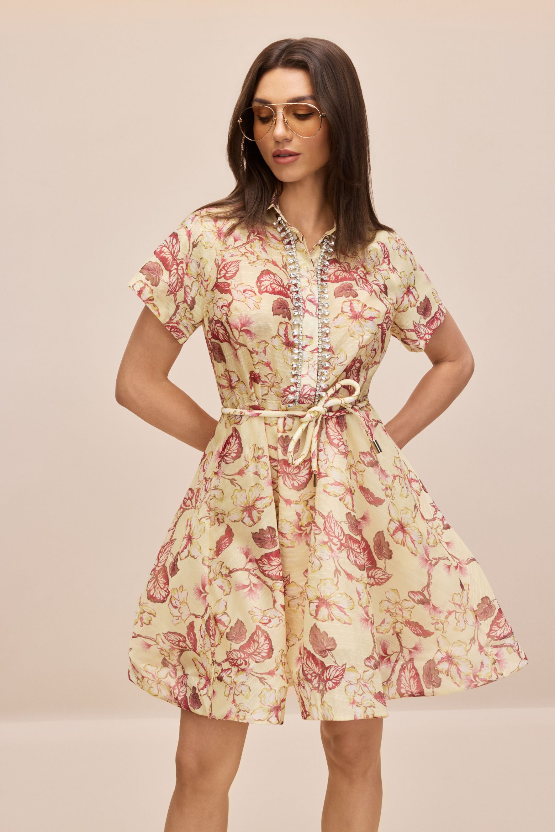 Anna Floral Print Crystal Embellished Mini Dress-purelyfable