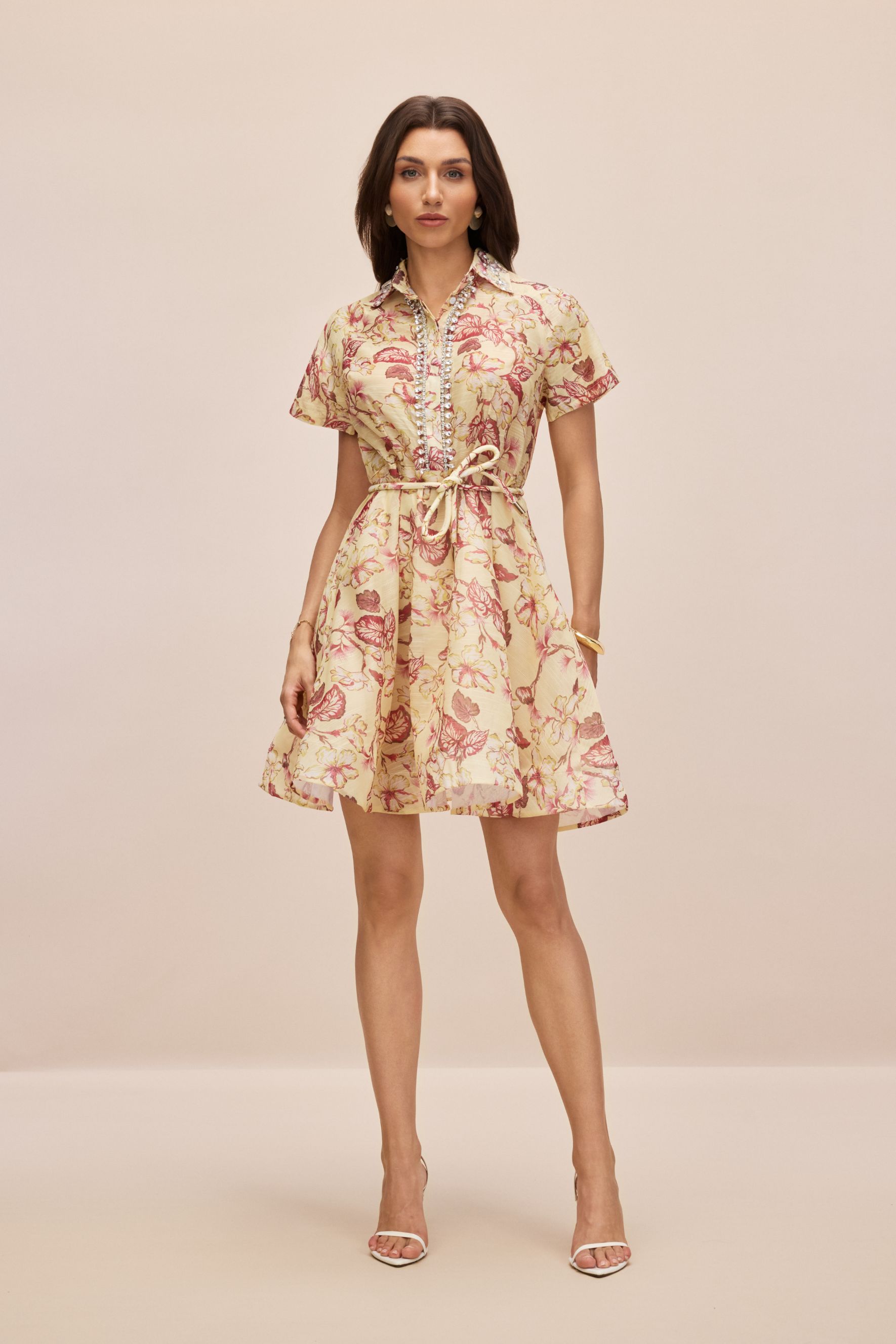Anna Floral Print Crystal Embellished Mini Dress-purelyfable