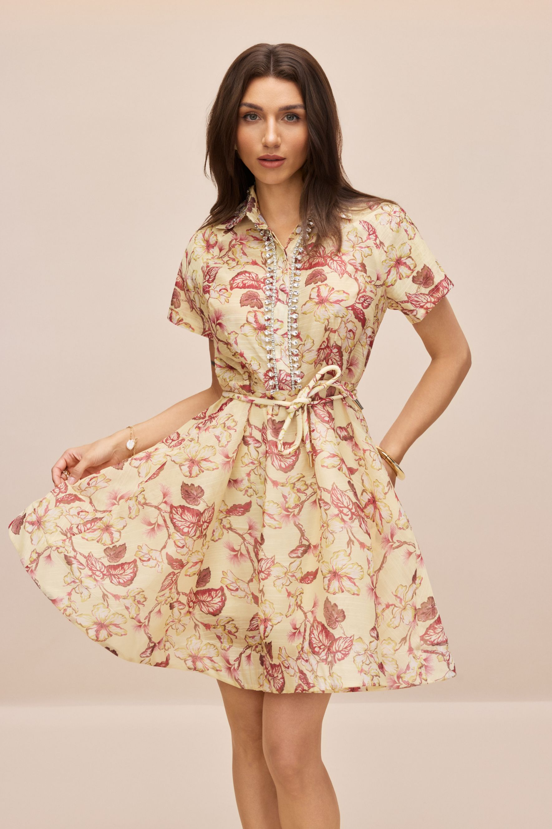 Anna Floral Print Crystal Embellished Mini Dress-purelyfable