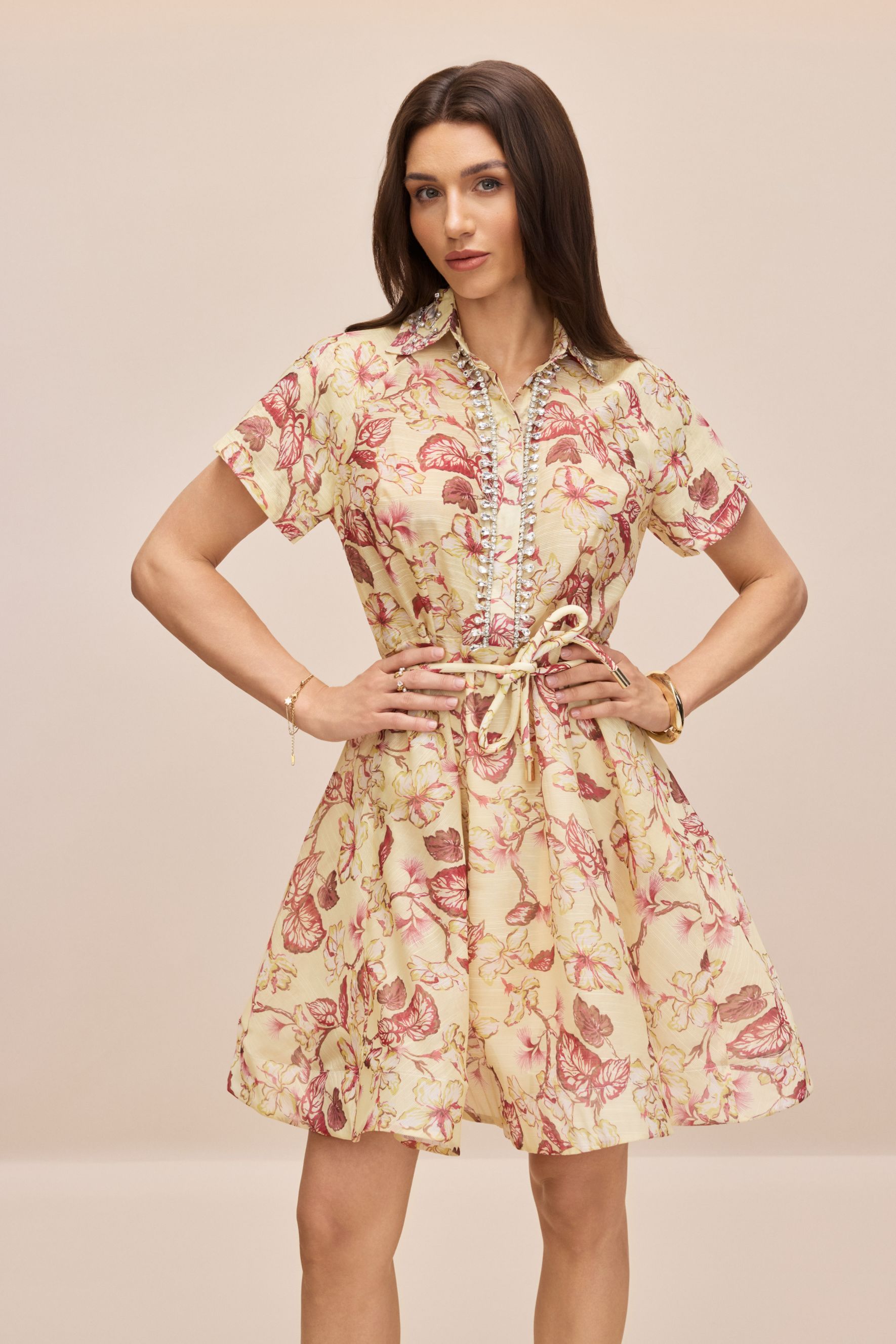 Anna Floral Print Crystal Embellished Mini Dress-purelyfable