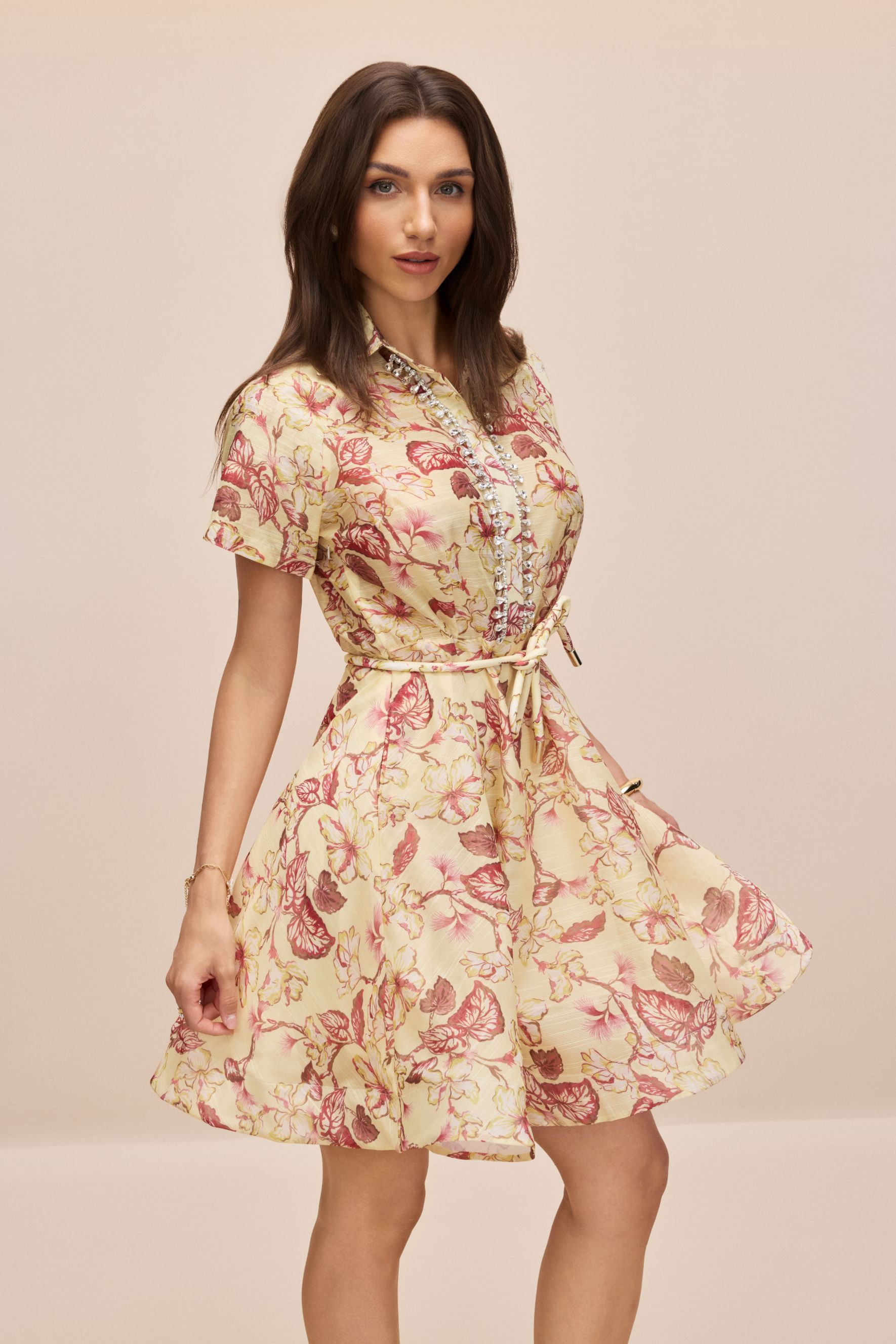 Anna Floral Print Crystal Embellished Mini Dress-purelyfable