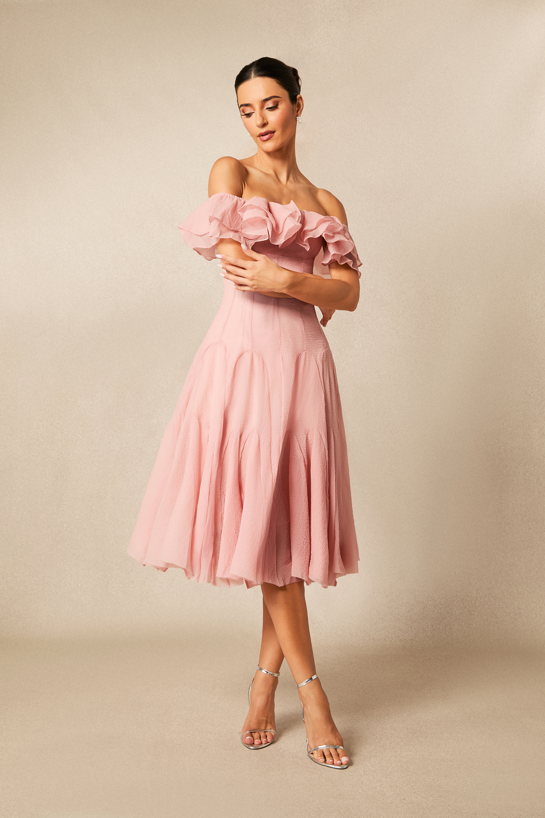 Vita Off Shoulder Ruffle Midi Dress-purelyfable