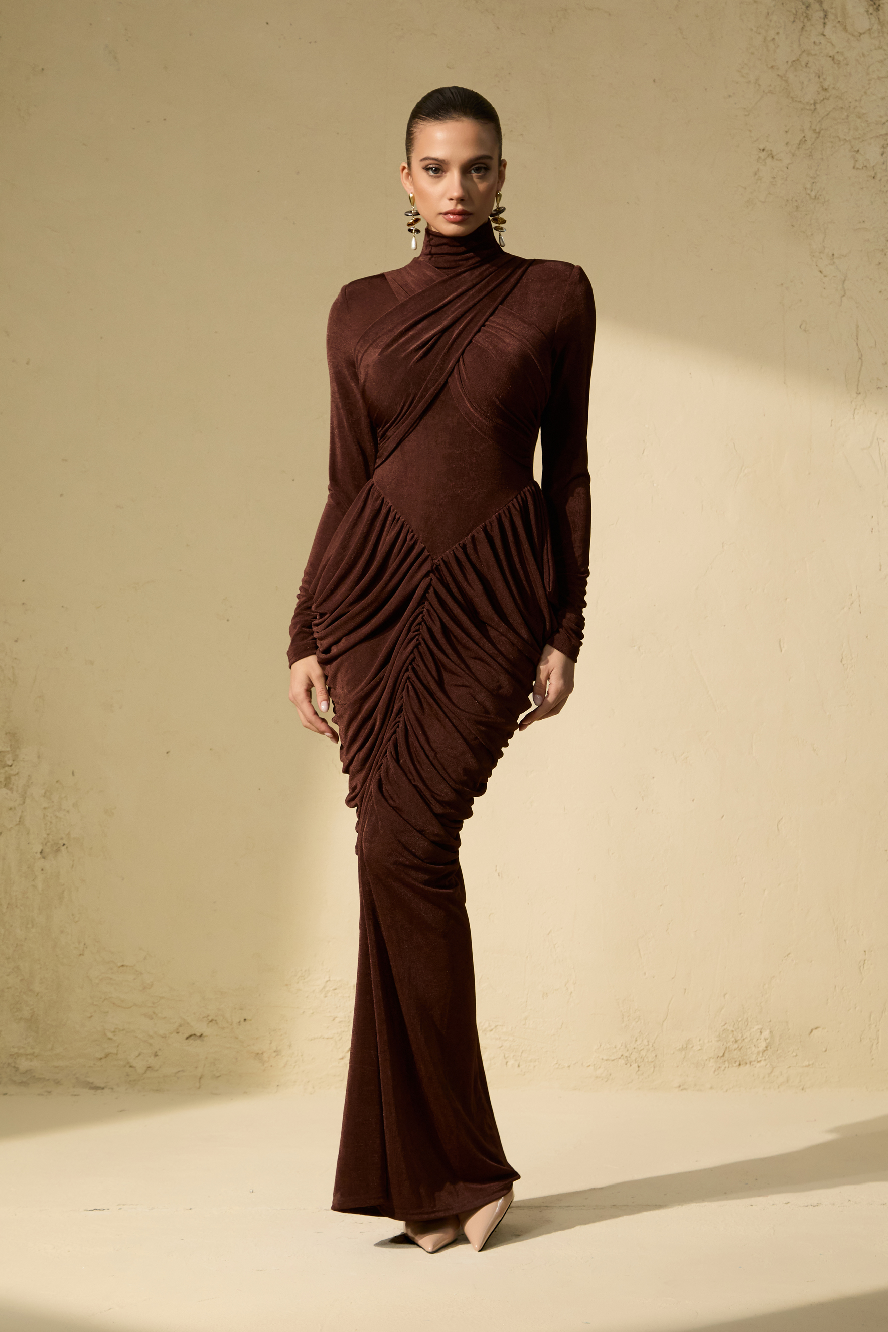 Composed Elegance Brown Ruched Draped Maxi Dress-purelyfable