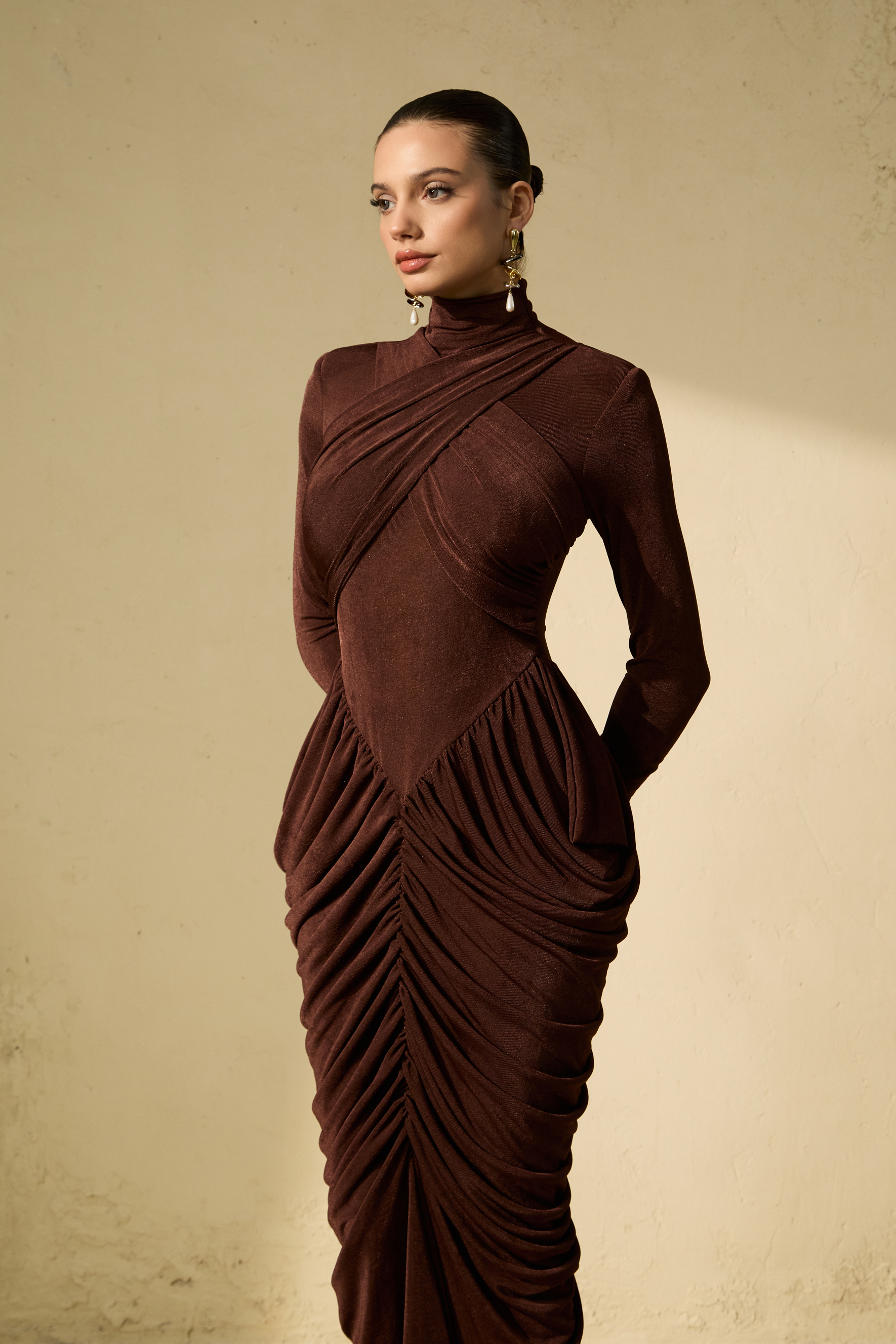 Composed Elegance Brown Ruched Draped Maxi Dress-purelyfable