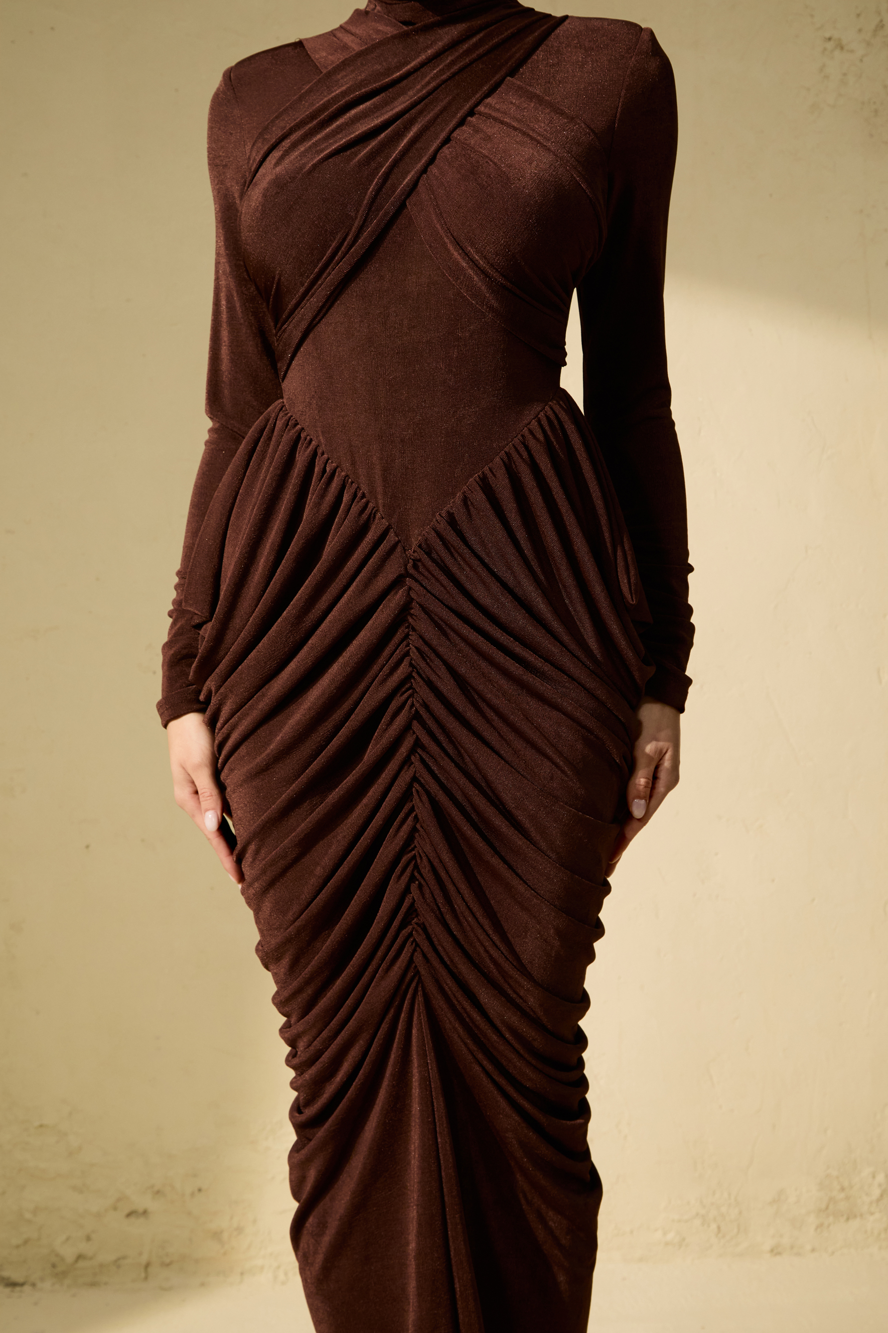 Composed Elegance Brown Ruched Draped Maxi Dress-purelyfable