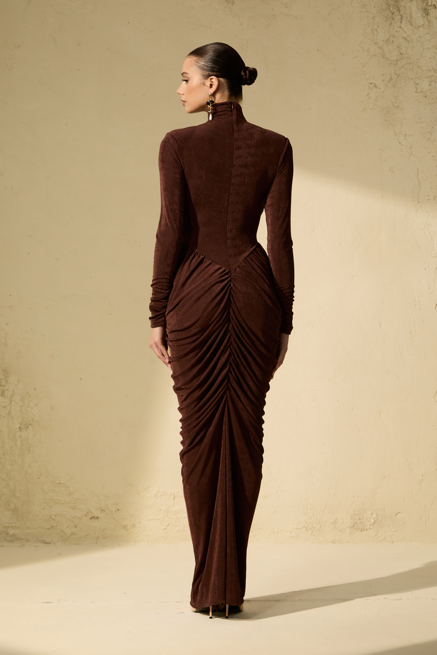 Composed Elegance Brown Ruched Draped Maxi Dress-purelyfable