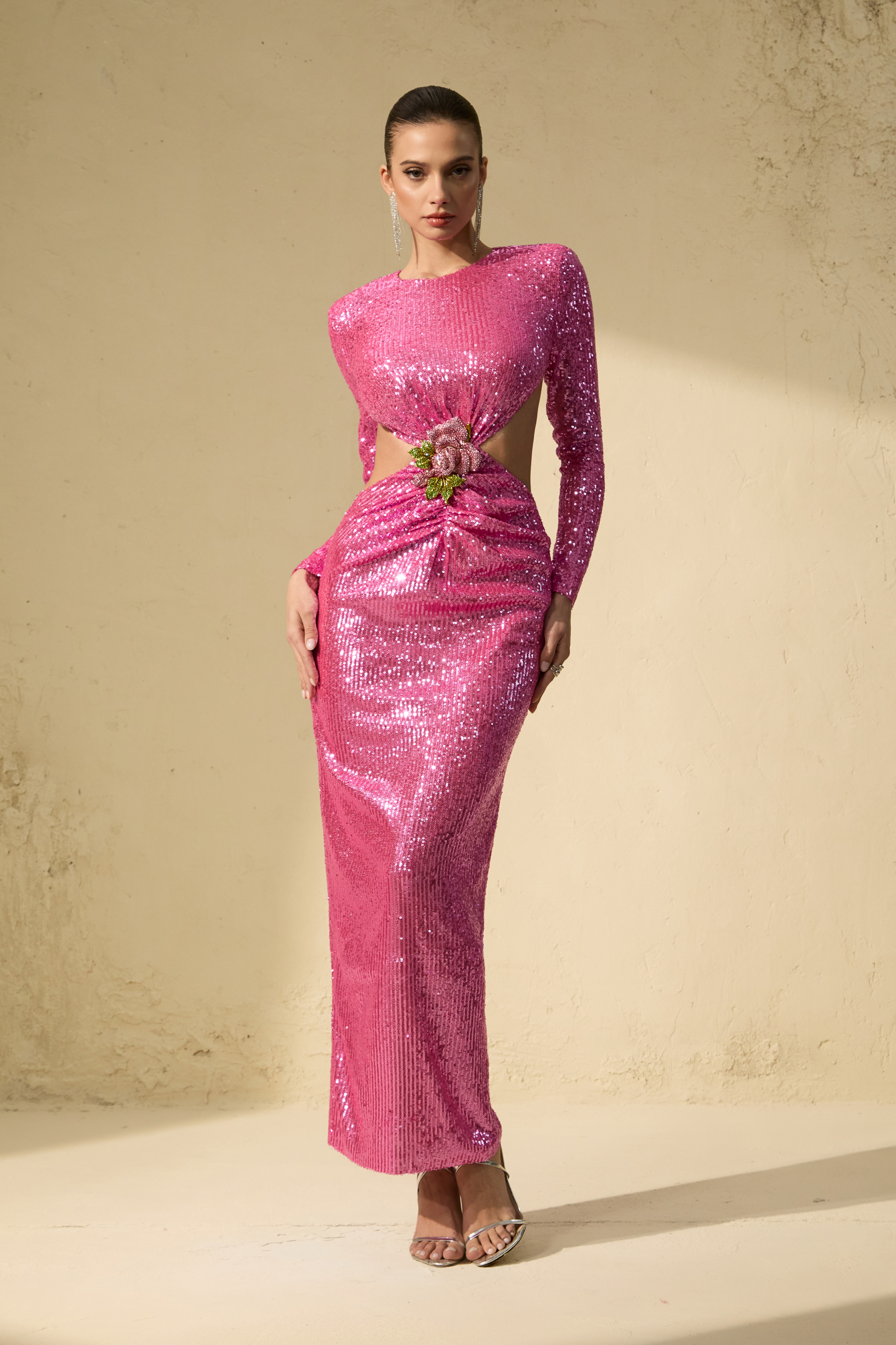 Definite Glamour Pink Sequined Cutout Maxi Dress-purelyfable
