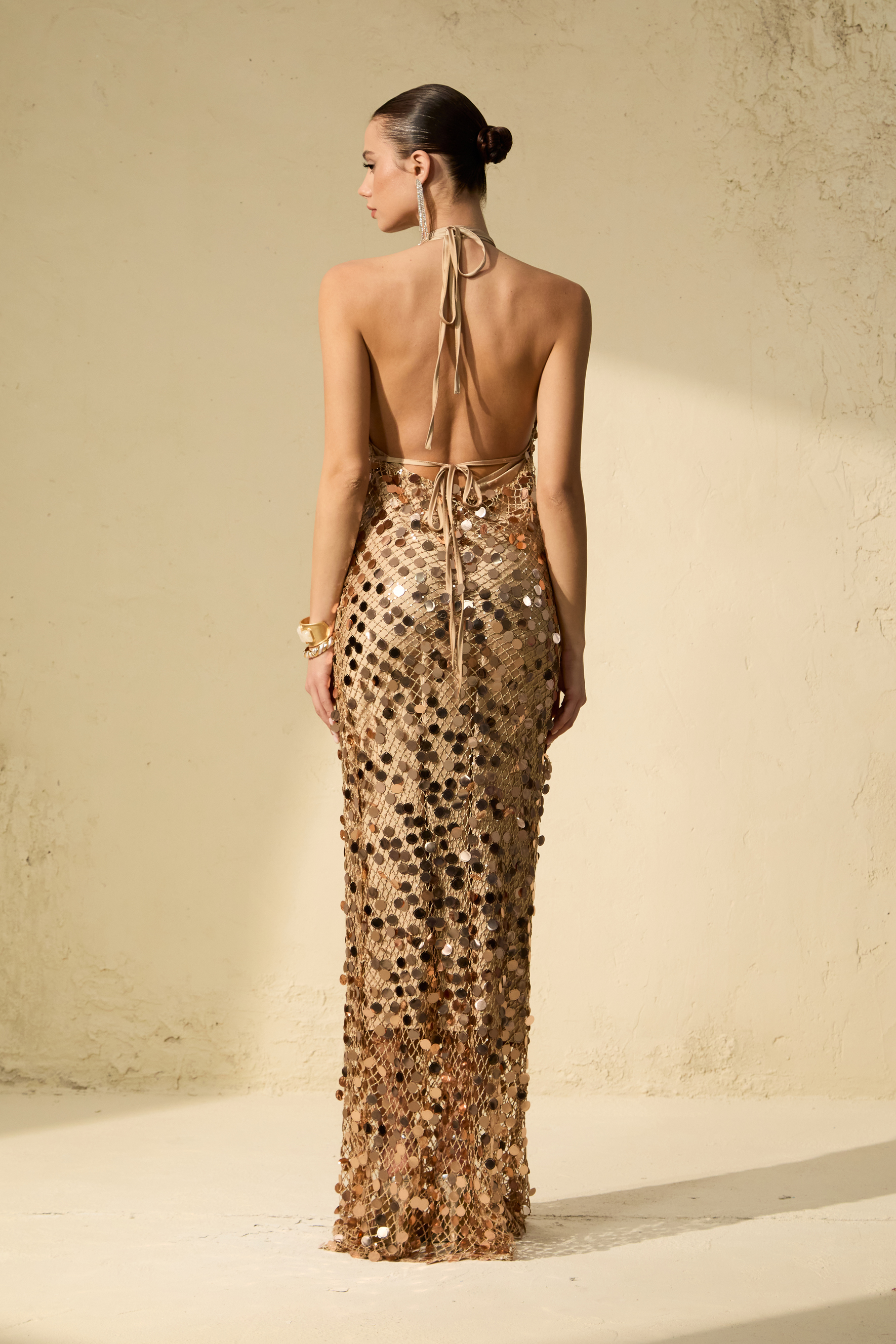 Radiance Starlet Gold Sequin Fishnet Maxi Dress-purelyfable