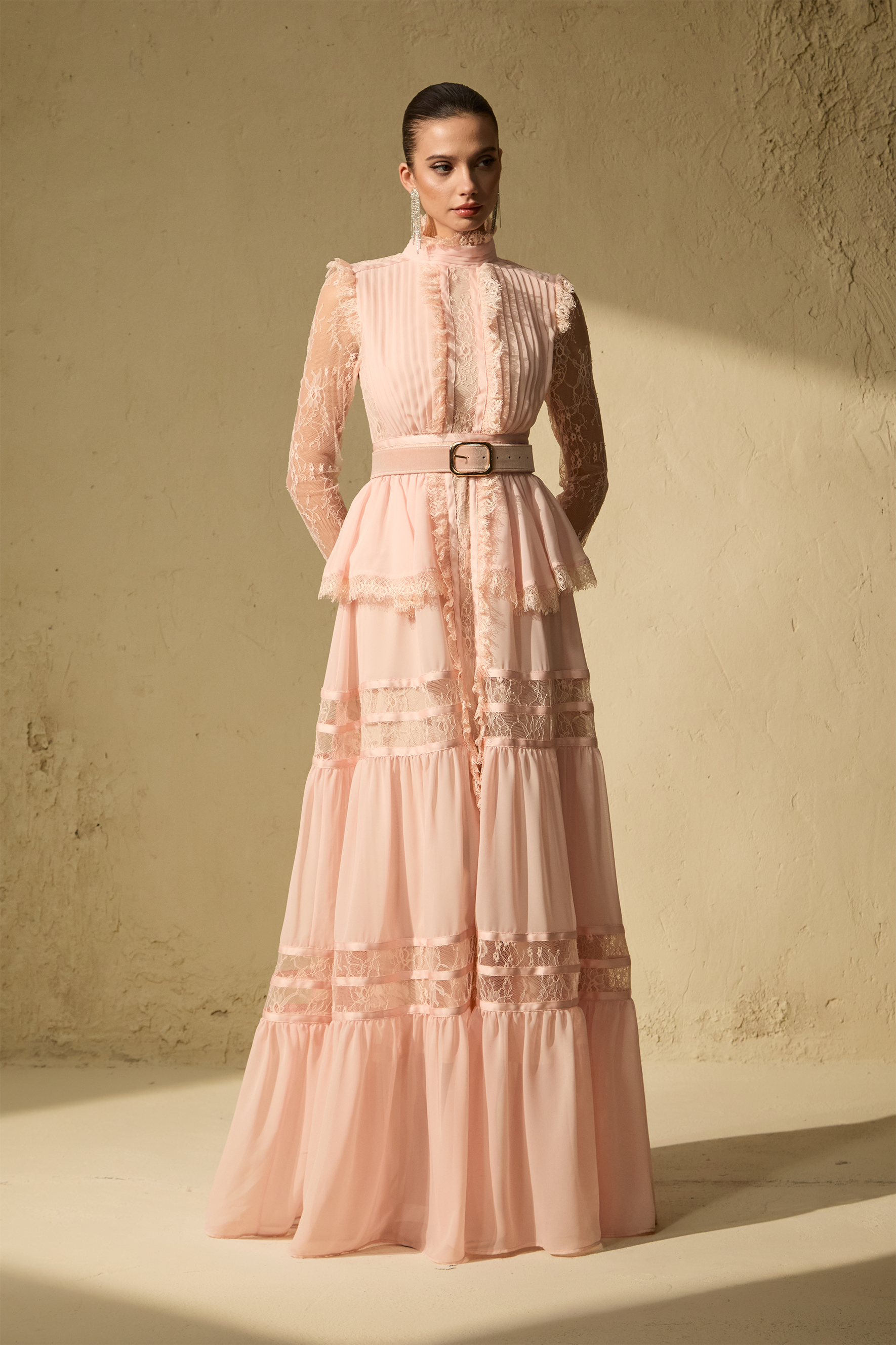 Unique Impression Pink High Neck Ruffled Trim Maxi Dress-purelyfable