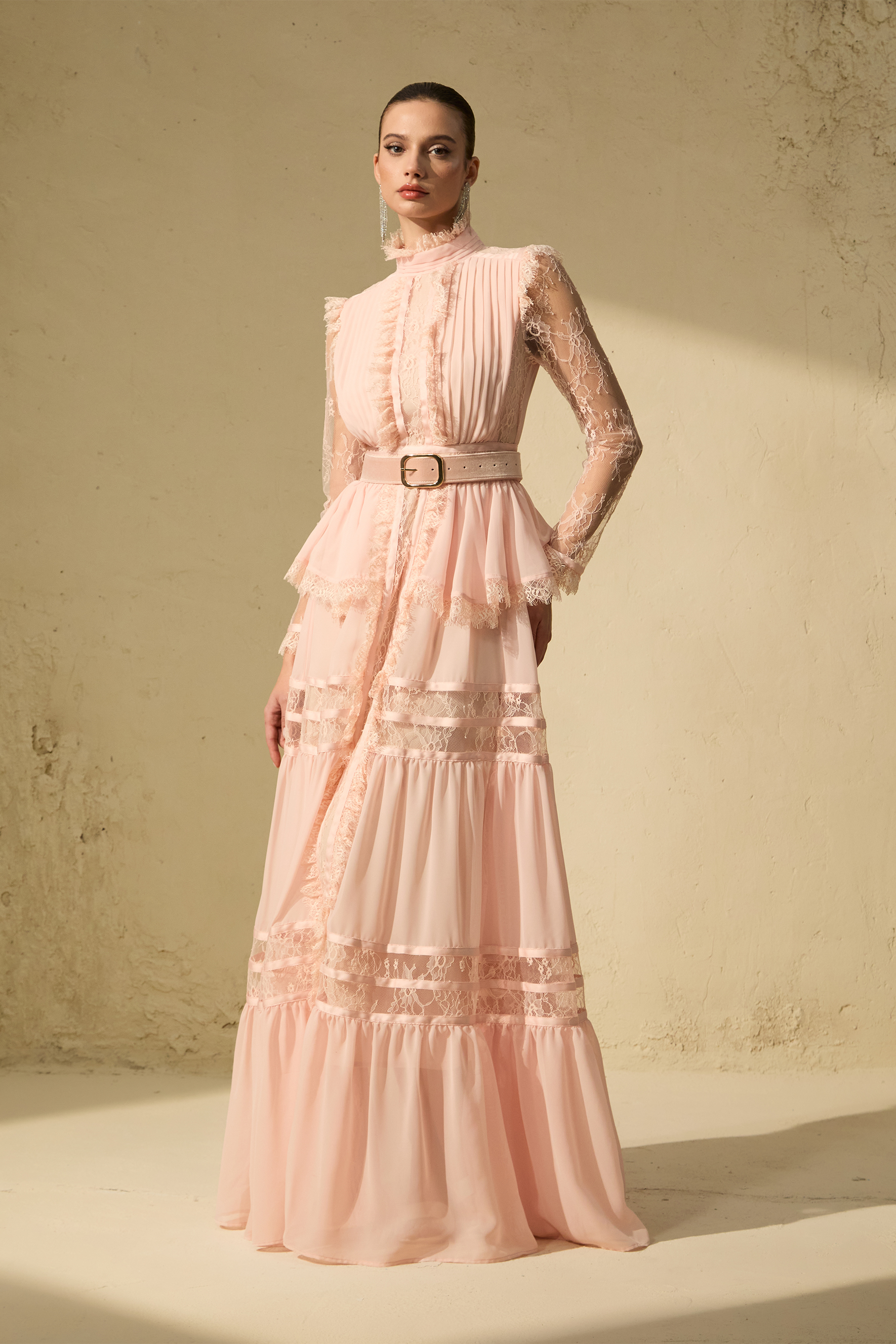 Unique Impression Pink High Neck Ruffled Trim Maxi Dress-purelyfable