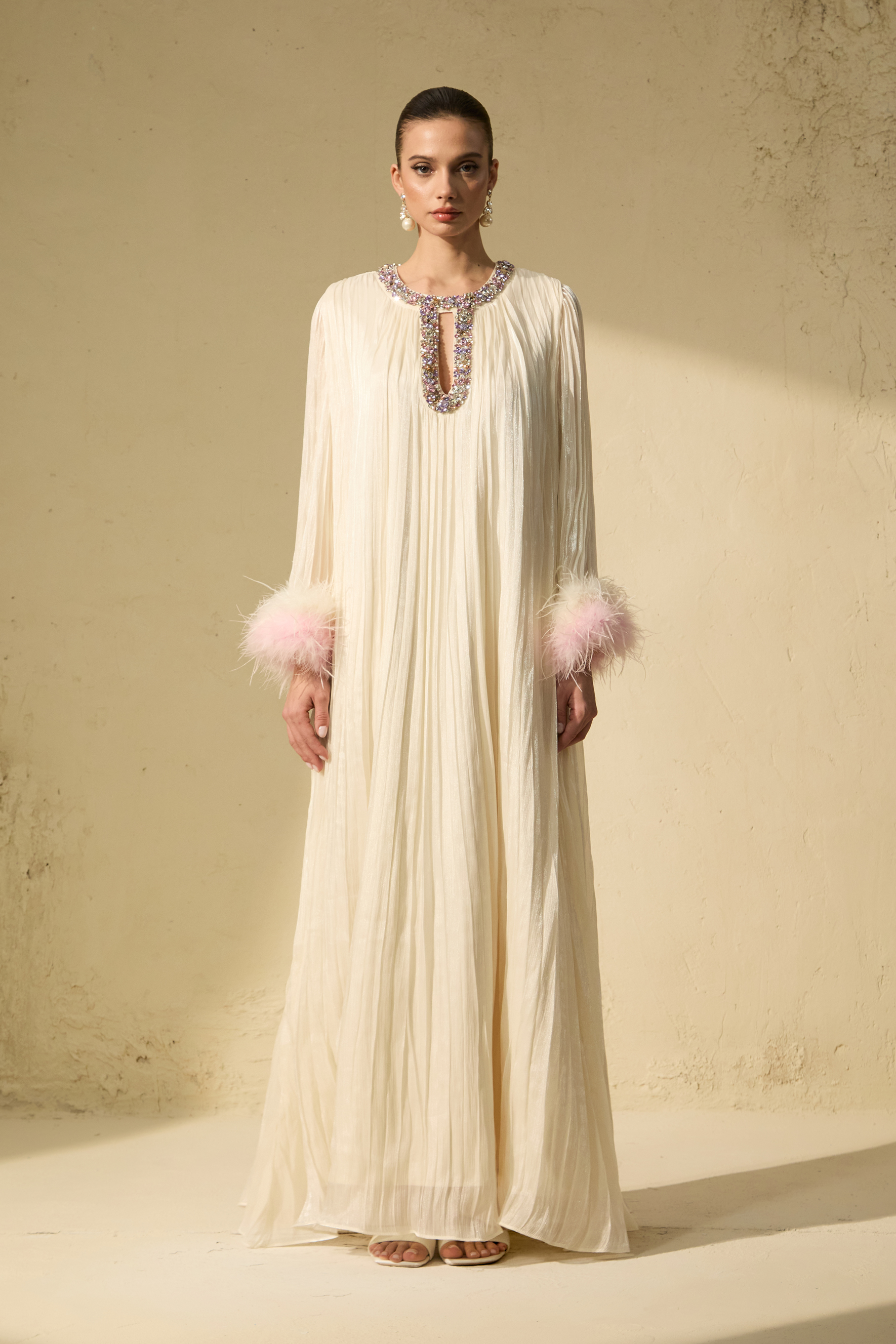 Let There Be Romance Pink Feather Cuff Pleated Maxi Dress-purelyfable
