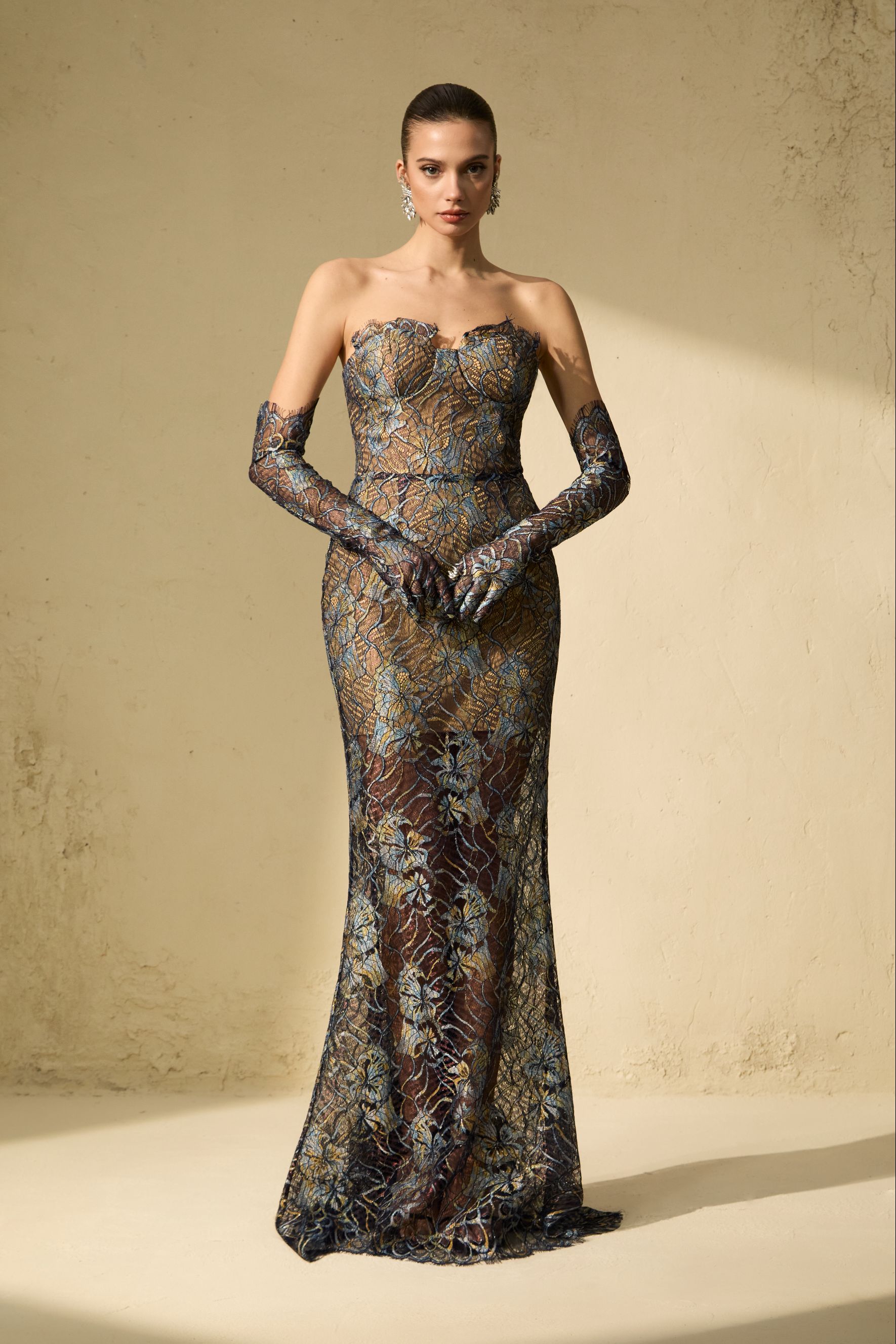 Sheer Fascination Blue Strapless Embroidered Lace Maxi Dress With Gloves-purelyfable