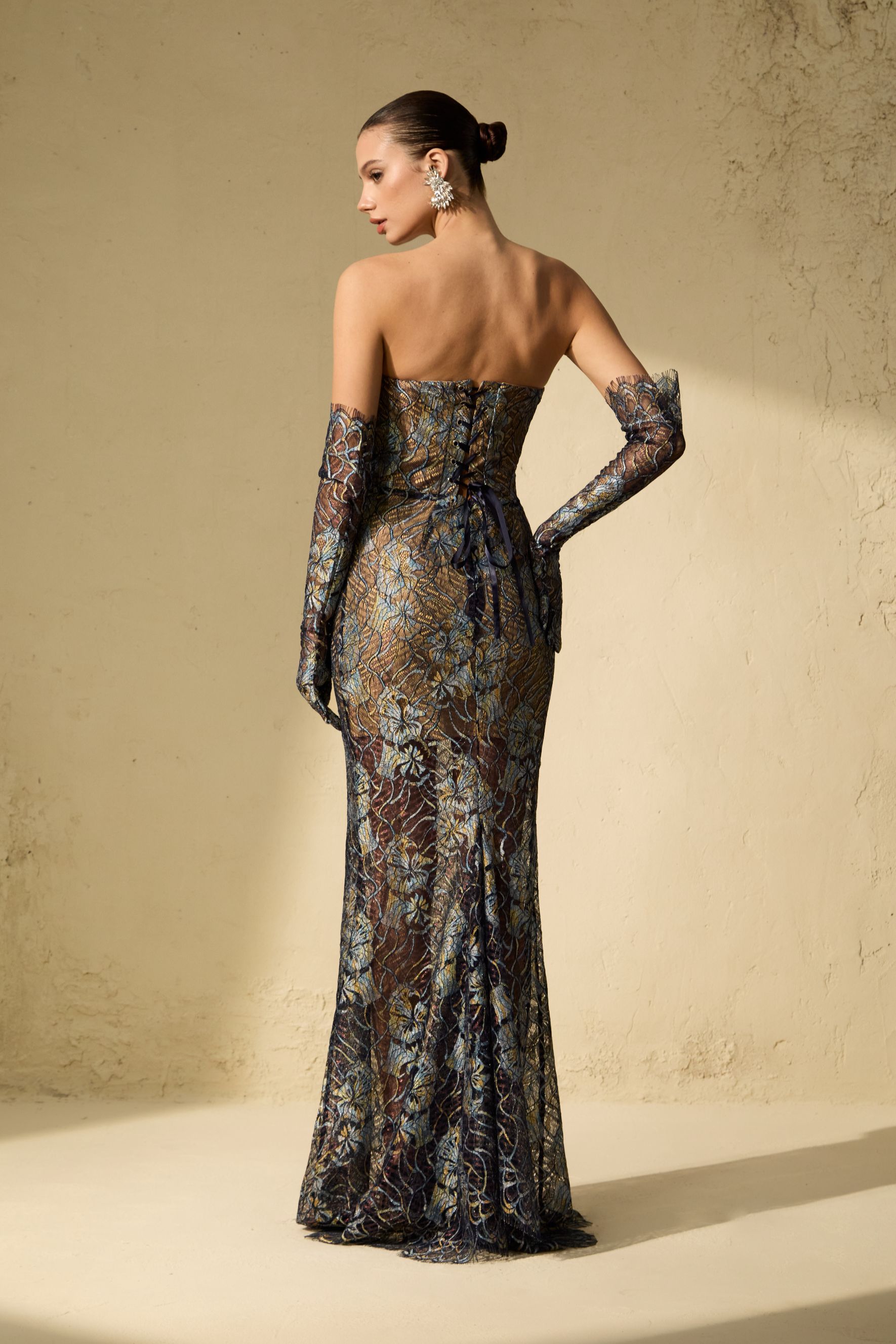 Sheer Fascination Blue Strapless Embroidered Lace Maxi Dress With Gloves-purelyfable