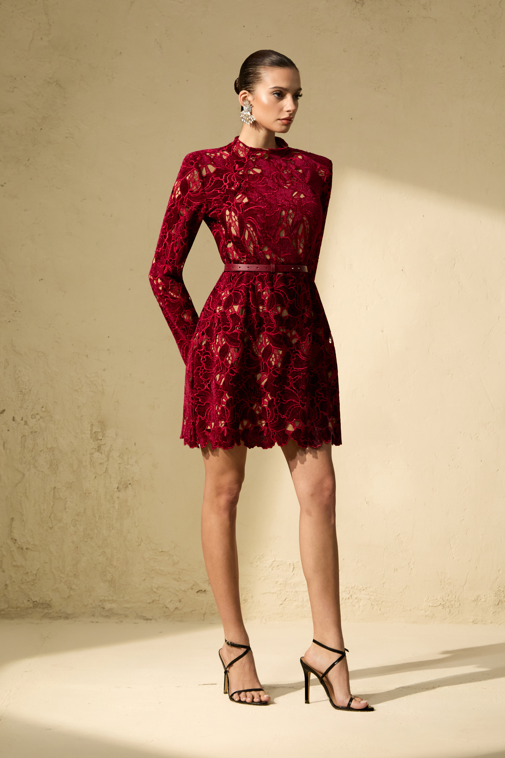 Flirty Feelings Burgundy Floral Lace Long Sleeve Mini Dress-purelyfable