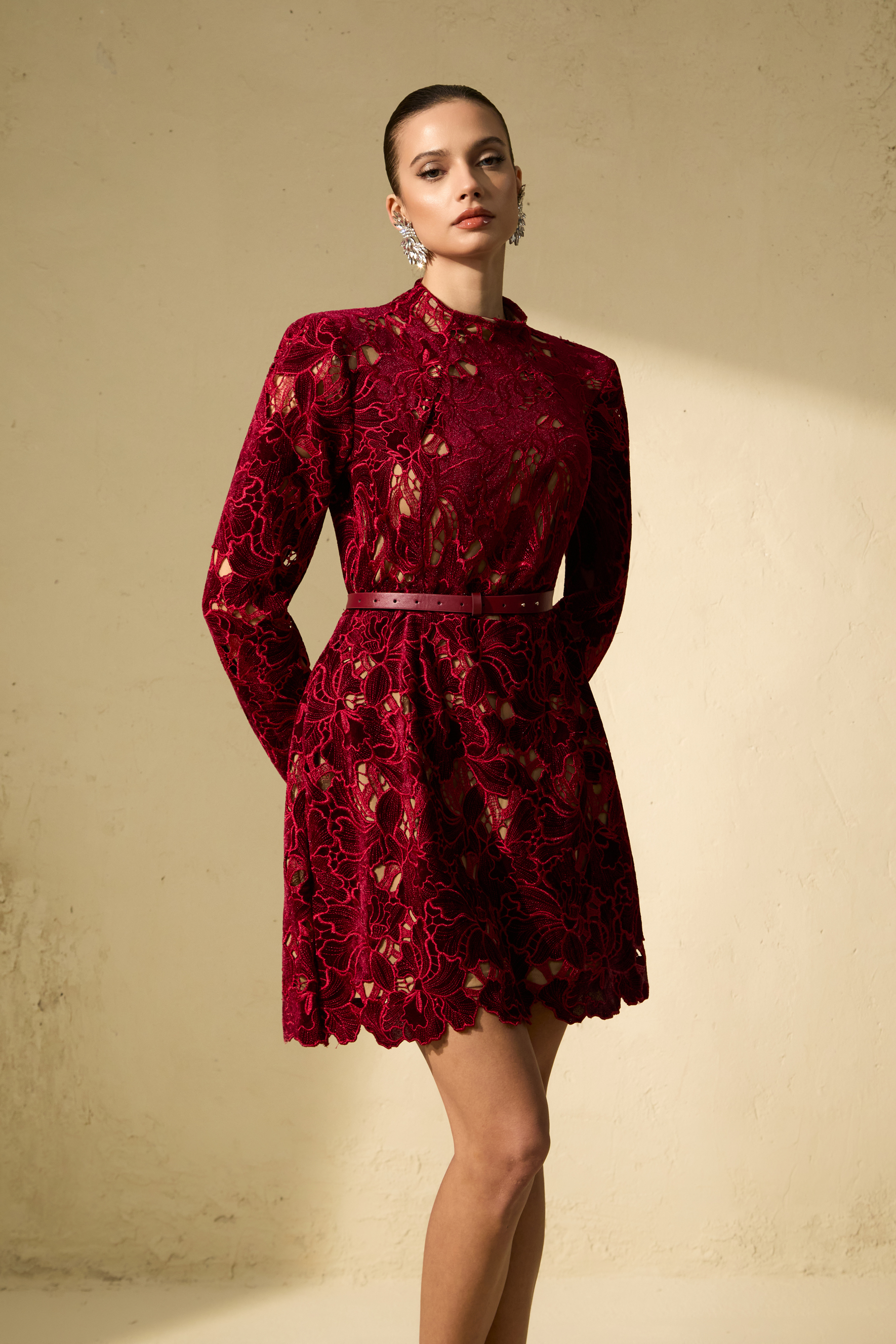 Flirty Feelings Burgundy Floral Lace Long Sleeve Mini Dress-purelyfable