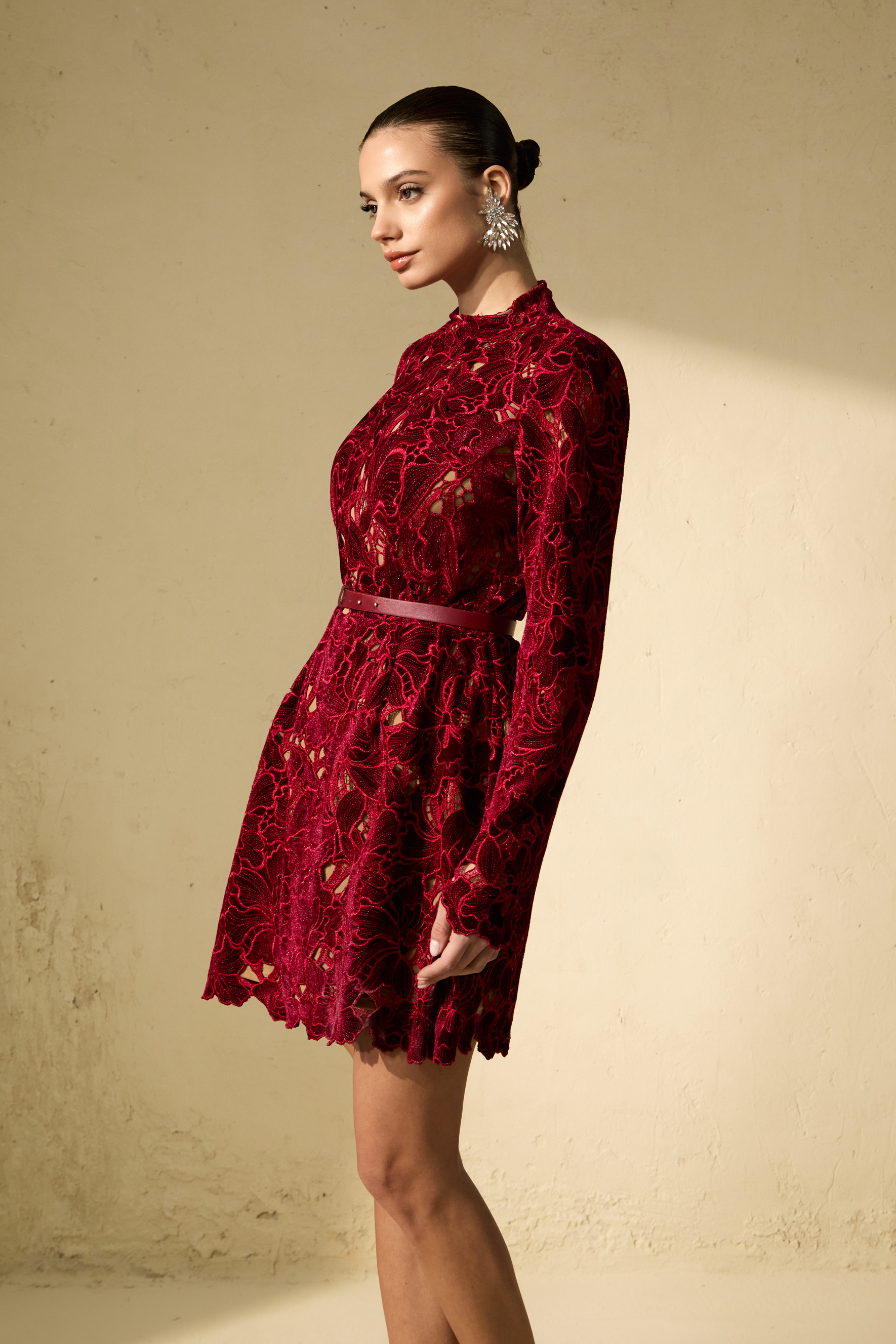 Flirty Feelings Burgundy Floral Lace Long Sleeve Mini Dress-purelyfable