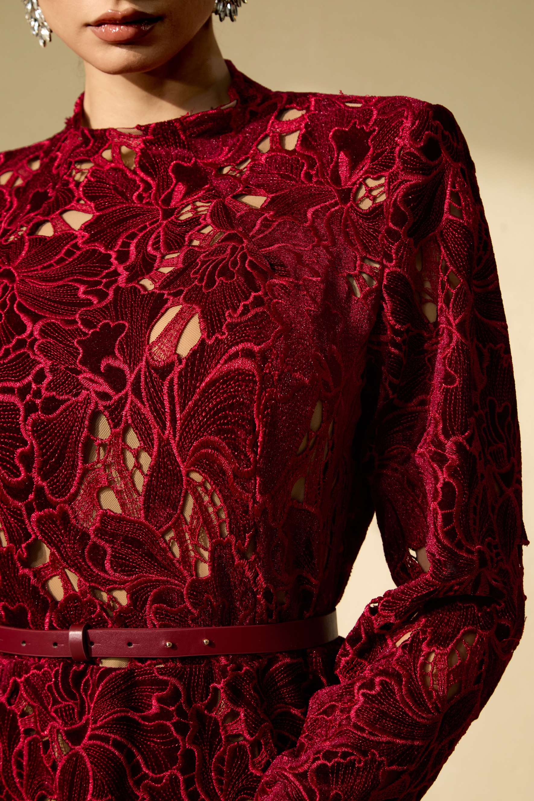 Flirty Feelings Burgundy Floral Lace Long Sleeve Mini Dress-purelyfable