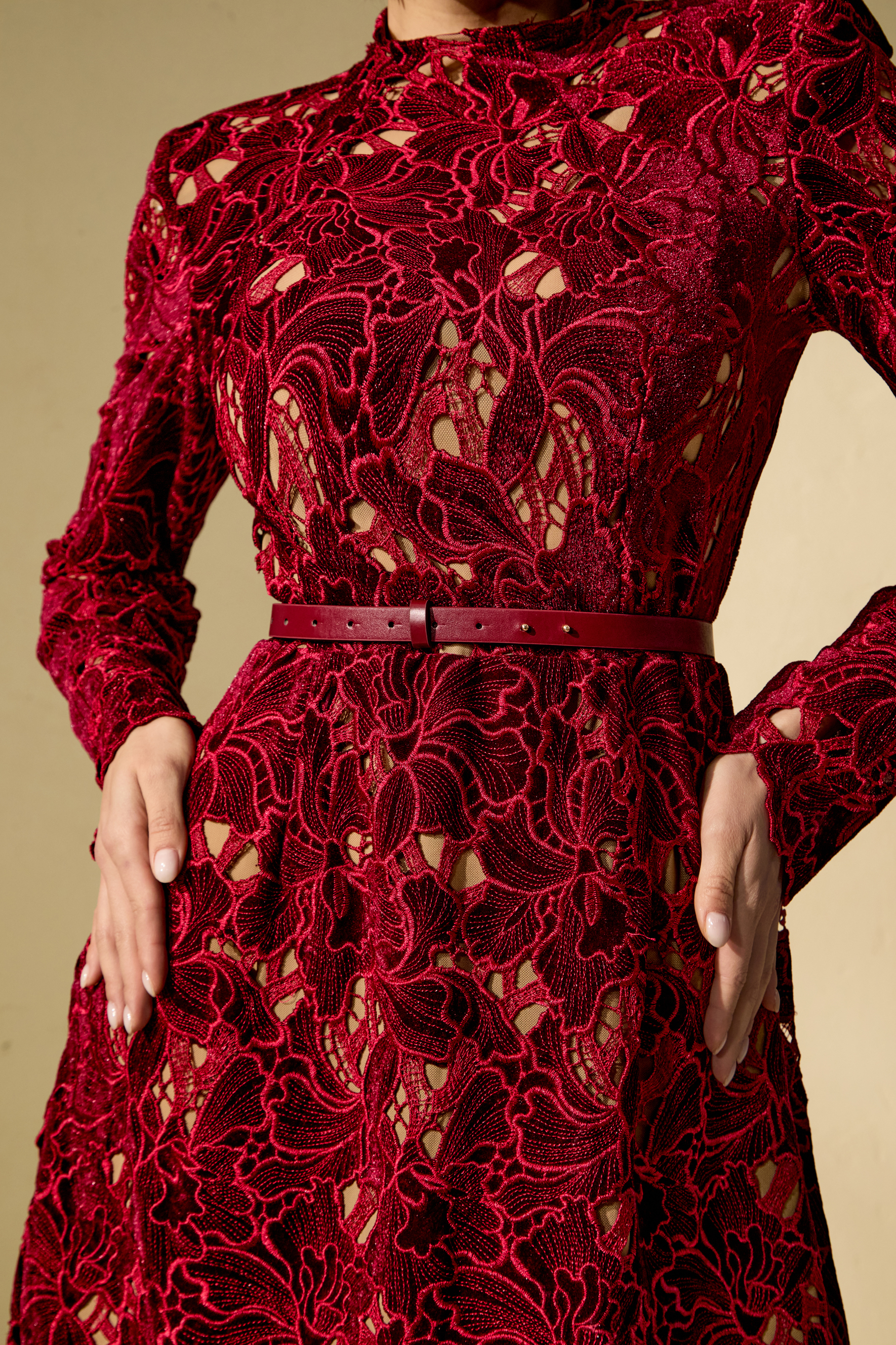 Flirty Feelings Burgundy Floral Lace Long Sleeve Mini Dress-purelyfable