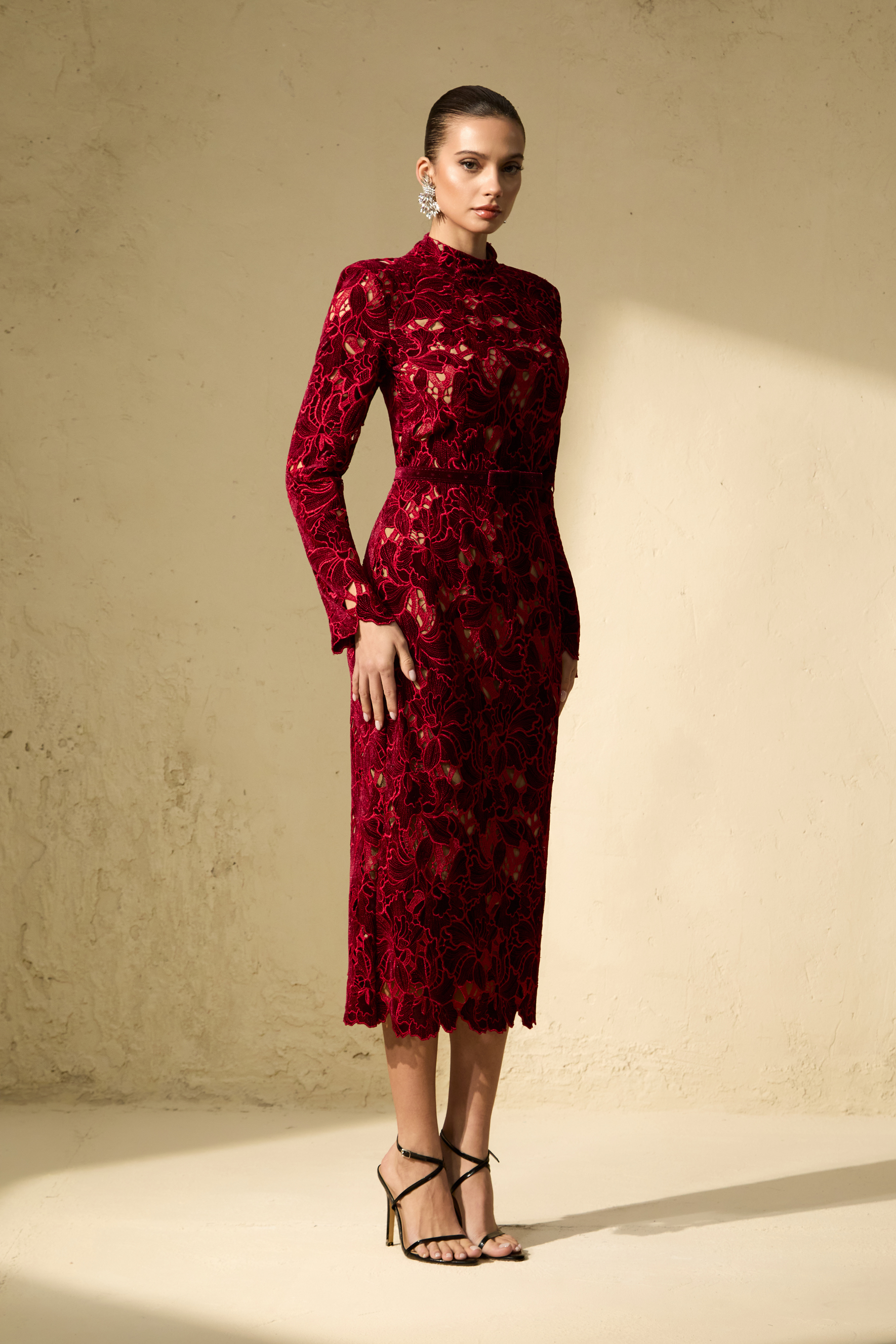 Love Me Forever Burgundy Floral Lace Long Sleeve Midi Dress-purelyfable