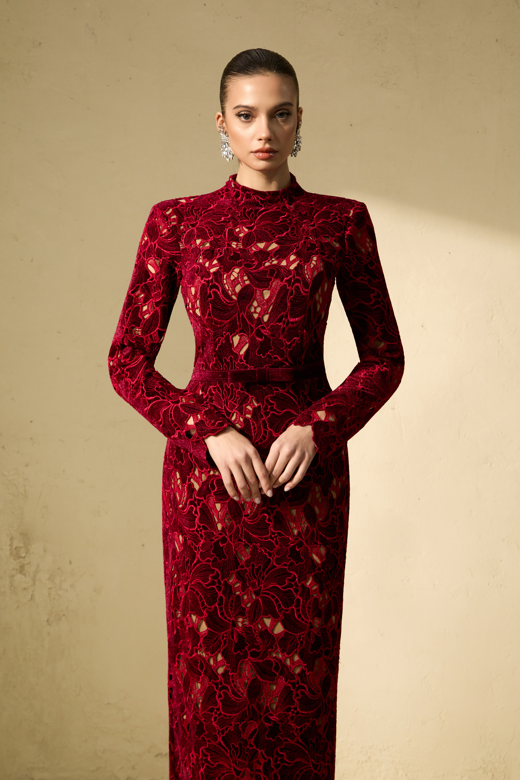 Love Me Forever Burgundy Floral Lace Long Sleeve Midi Dress-purelyfable