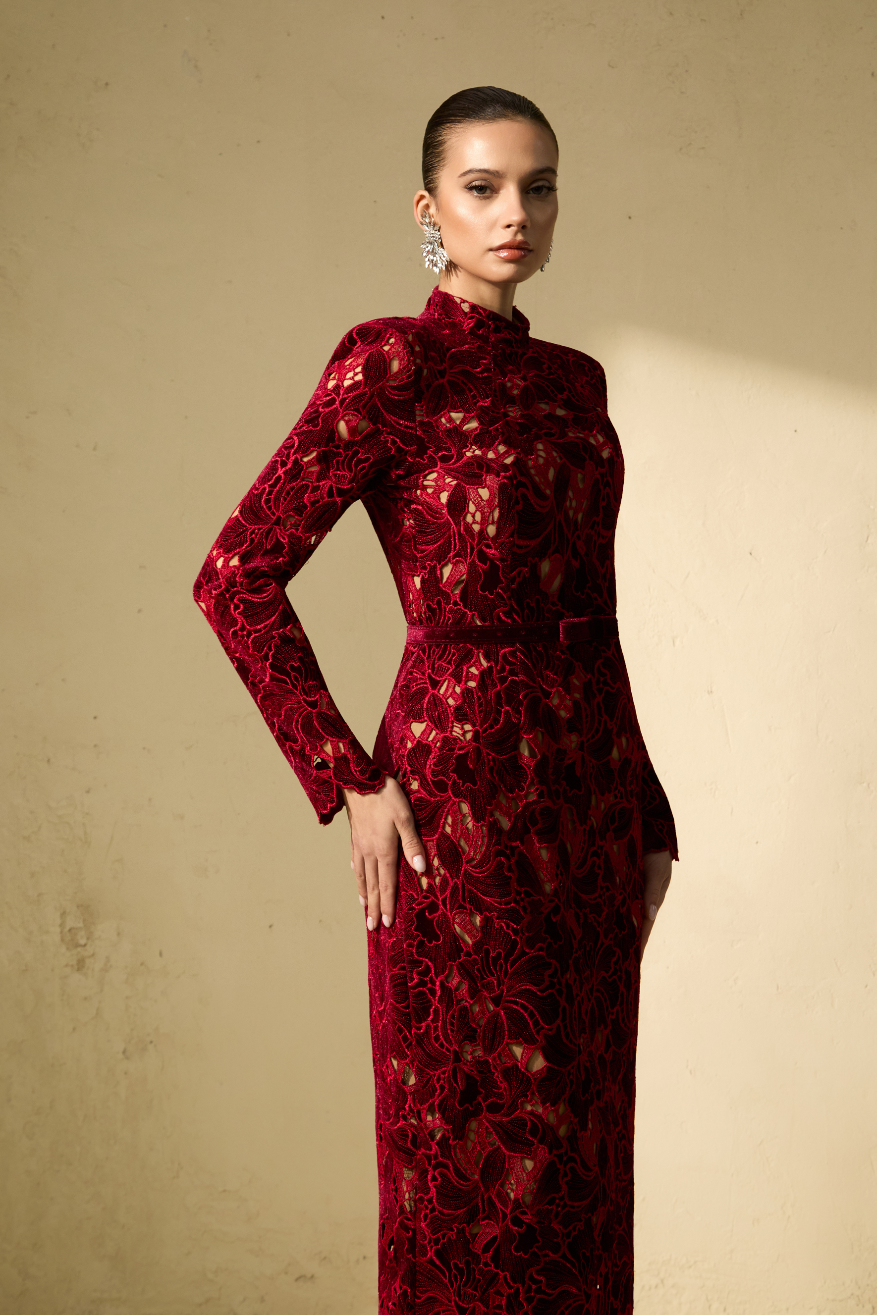 Love Me Forever Burgundy Floral Lace Long Sleeve Midi Dress-purelyfable