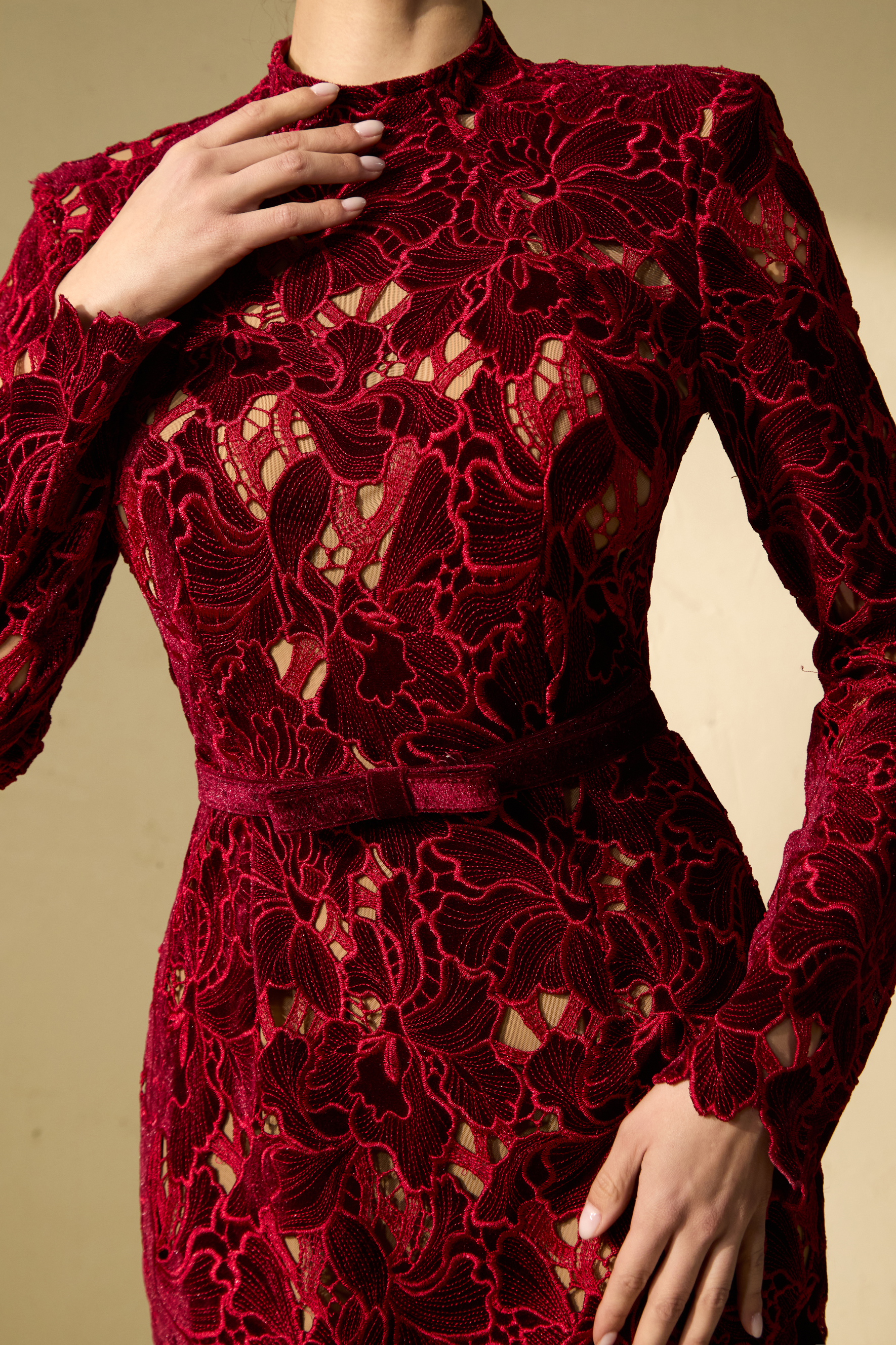 Love Me Forever Burgundy Floral Lace Long Sleeve Midi Dress-purelyfable