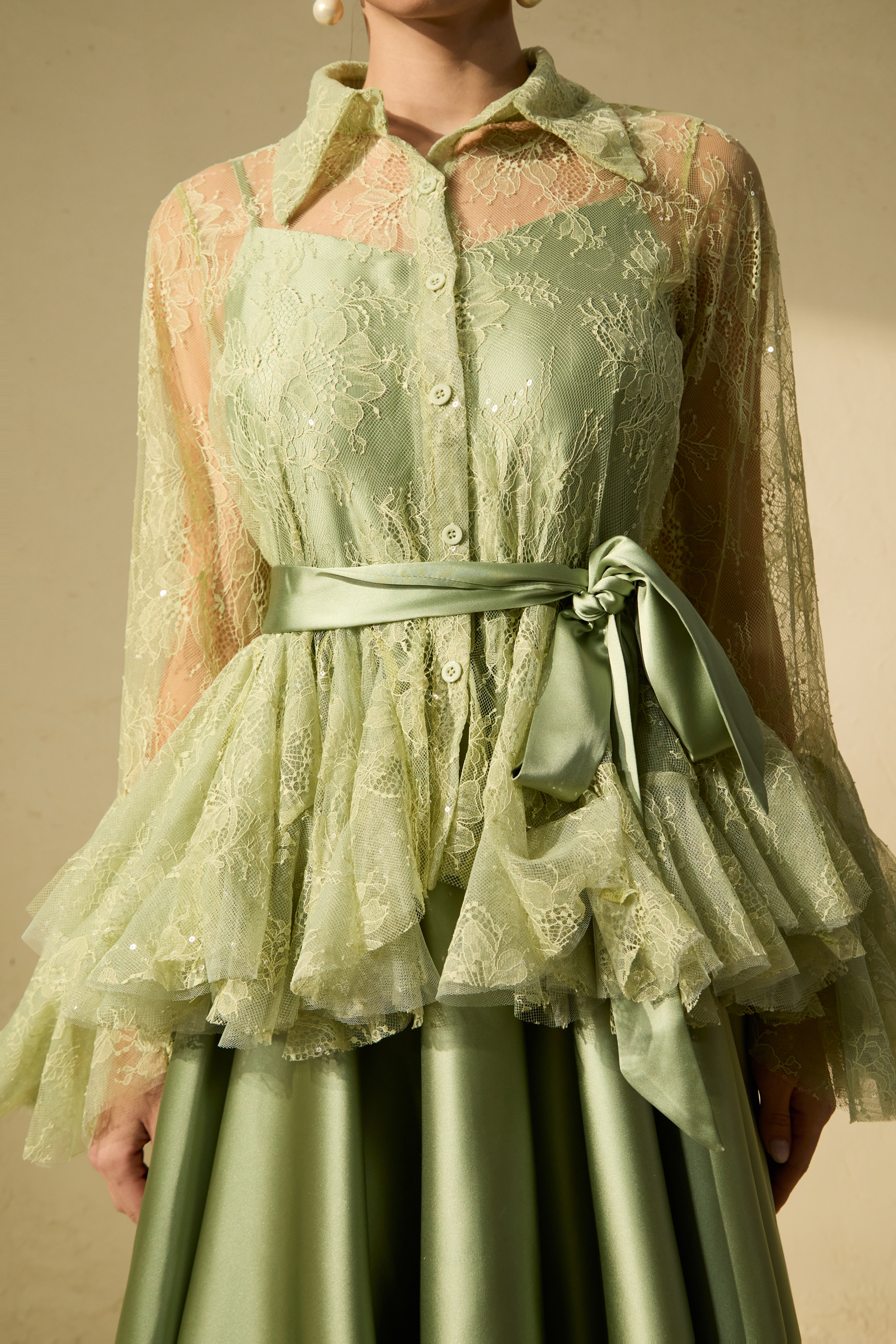 Soft Morning Mist Green Sheer Ruffled Blouse & Satin Dress Set-purelyfable