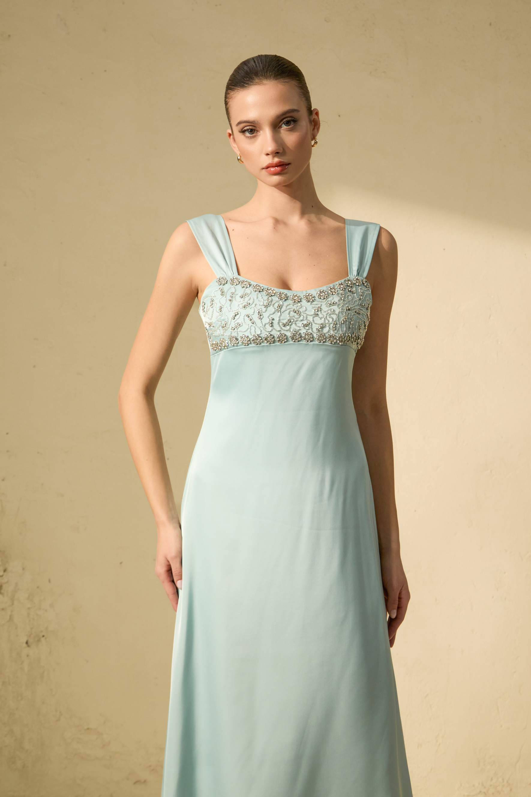 Alluring Image Blue Crystal Embellished Empire Maxi Dress-purelyfable