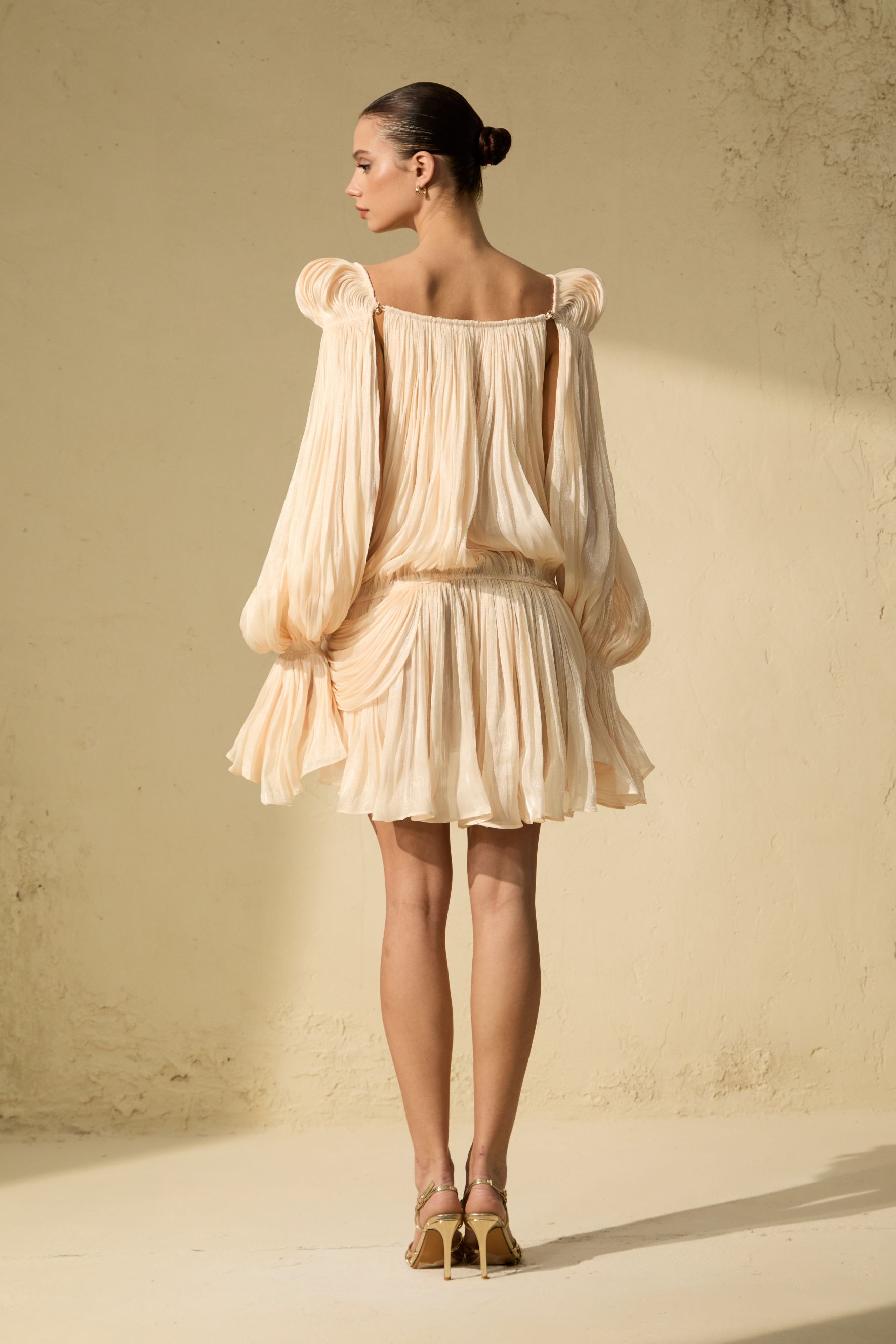Romance Dreamer Beige Puff Sleeve Ruffle Hem Mini Dress-purelyfable