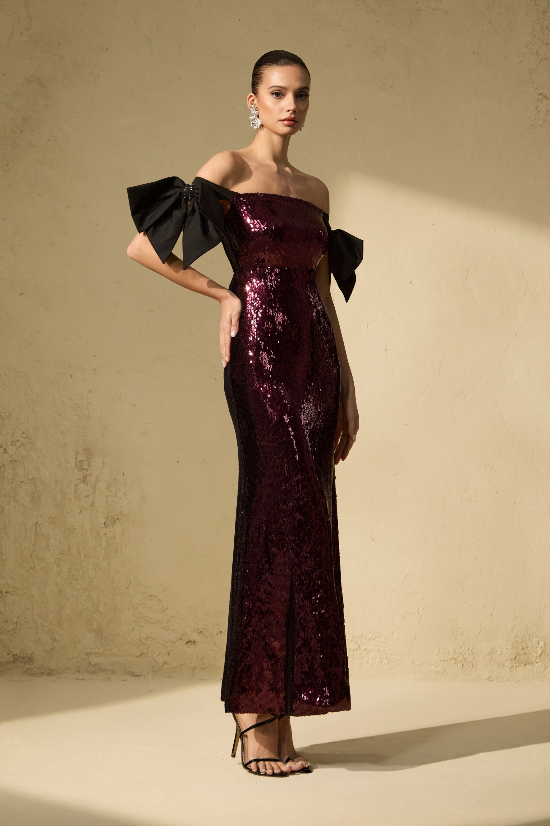 My Feels Burgundy Sequin Off Shoulder Maxi Dress-purelyfable