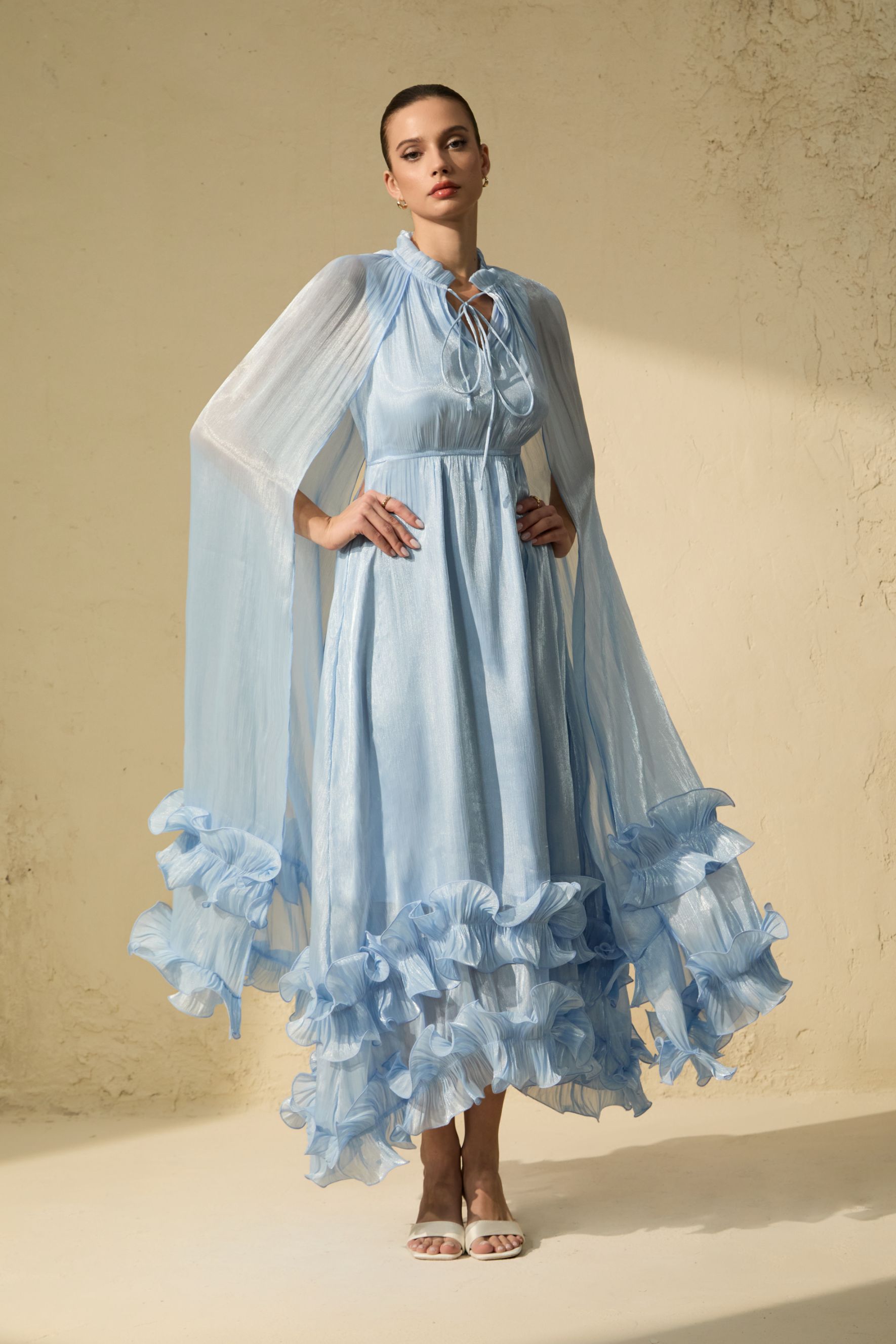 Shirley Blue Cape-effect Ruffled Midi Dress-purelyfable