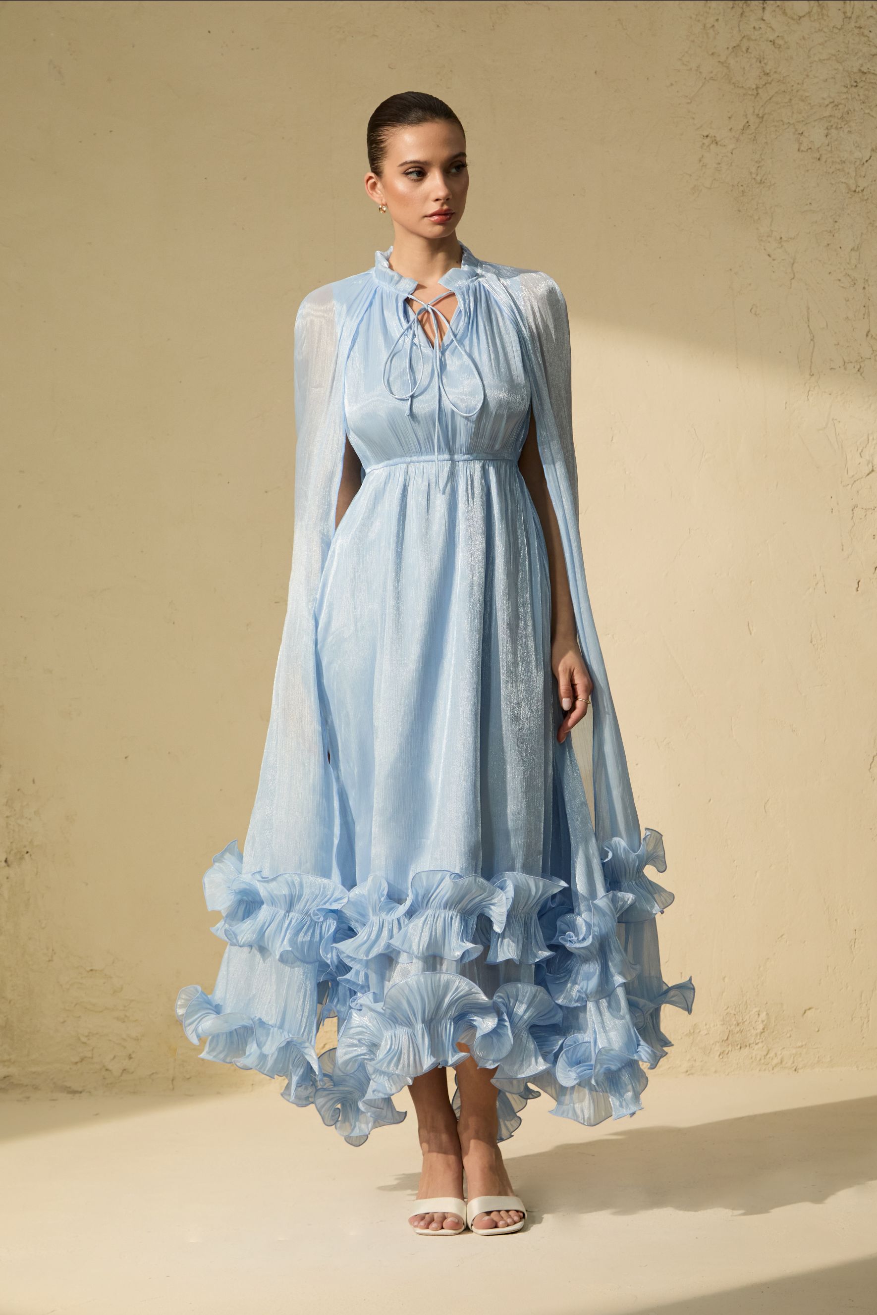 Shirley Blue Cape-effect Ruffled Midi Dress-purelyfable
