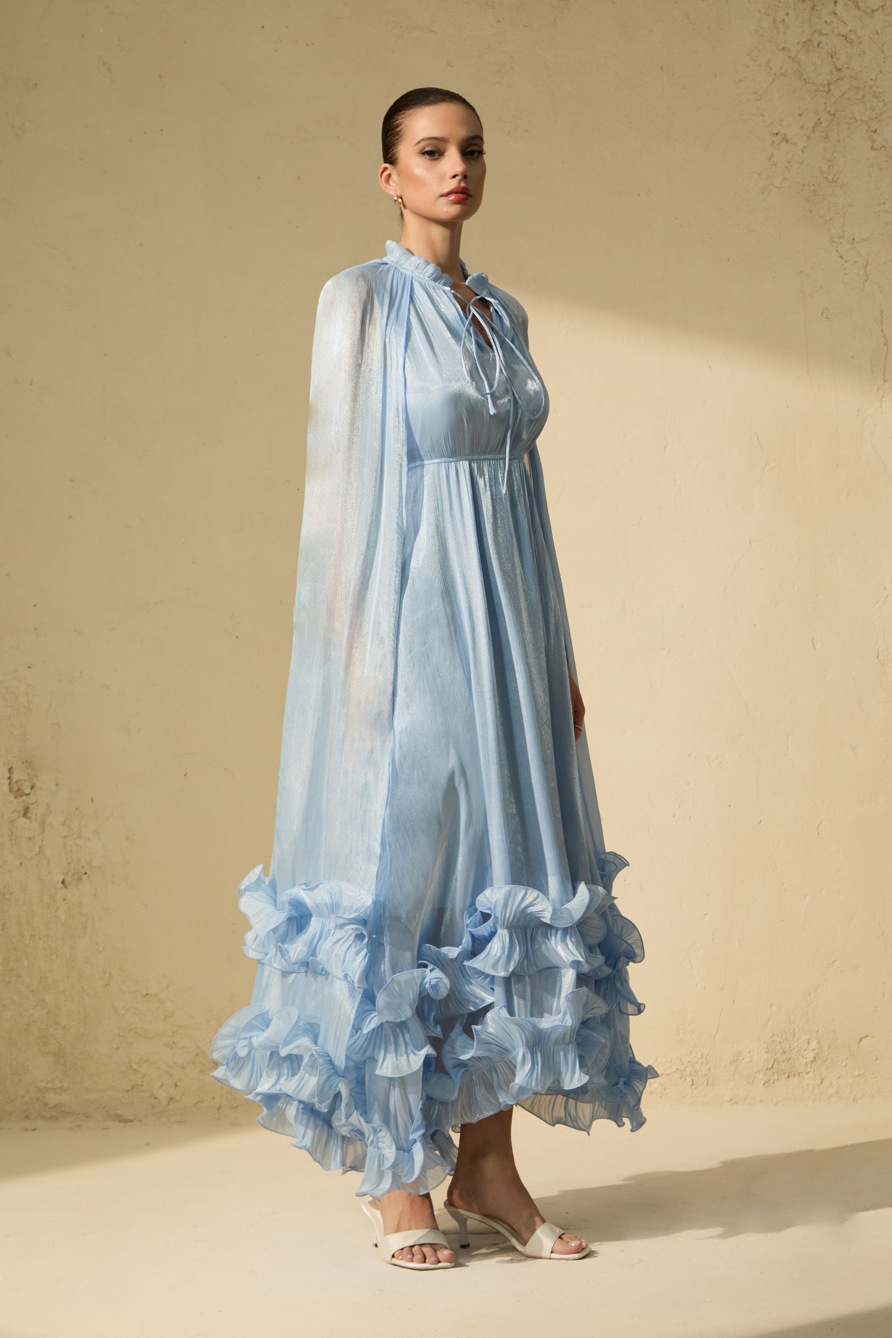 Shirley Blue Cape-effect Ruffled Midi Dress-purelyfable