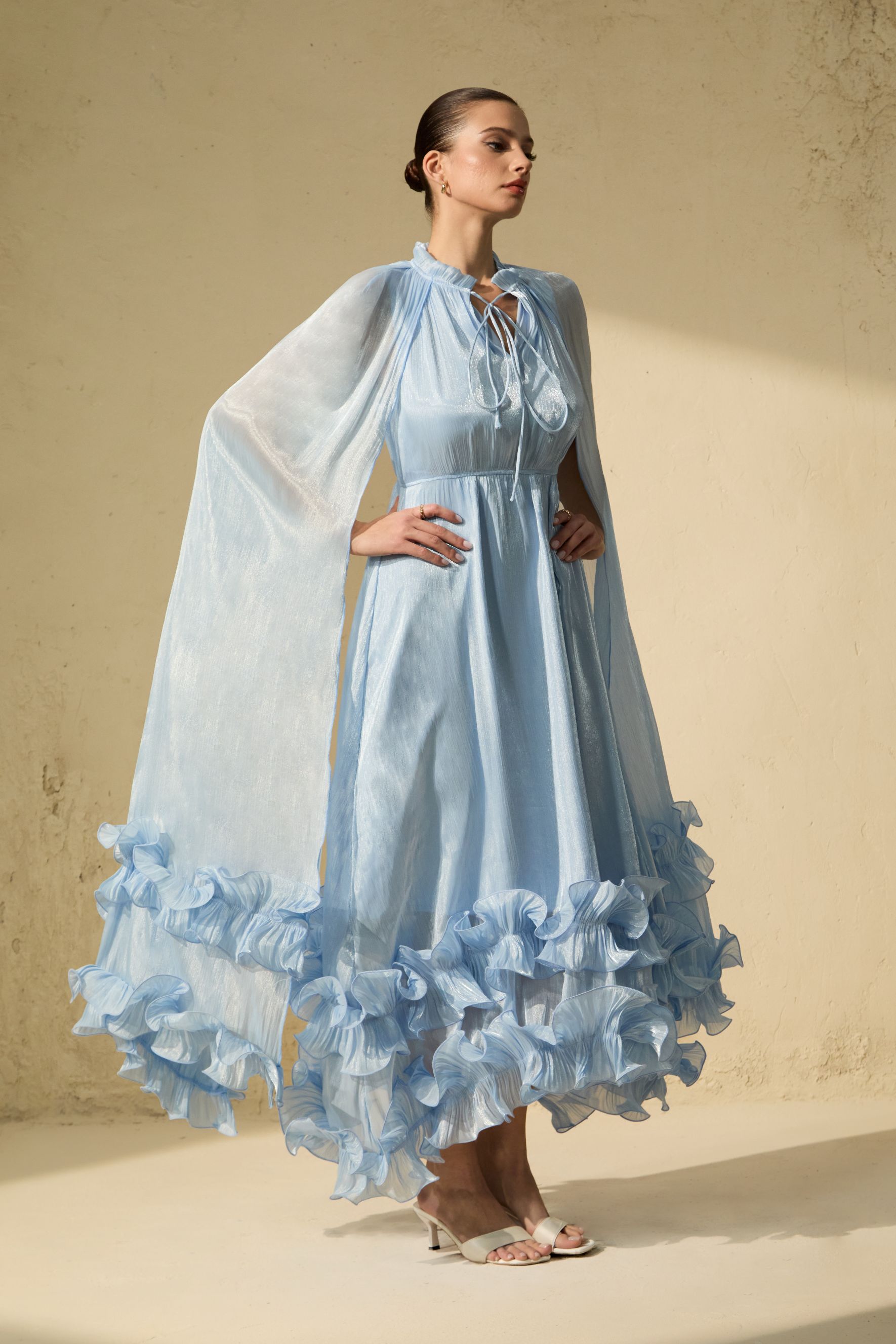 Shirley Blue Cape-effect Ruffled Midi Dress-purelyfable